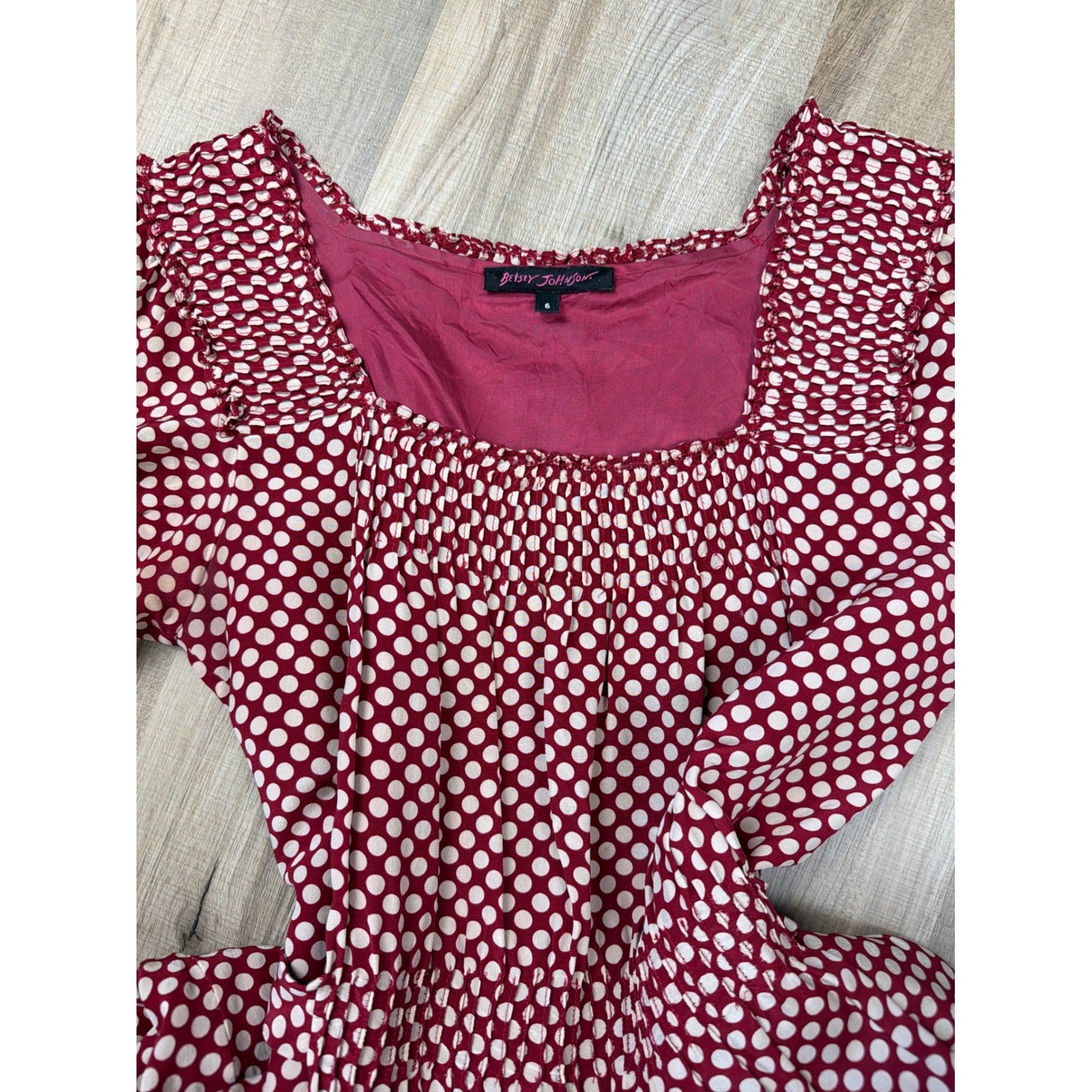 Betsey Johnson Vintage Silk Polka Dot Smocked Puff Sleeve Dress Burgundy Size 6