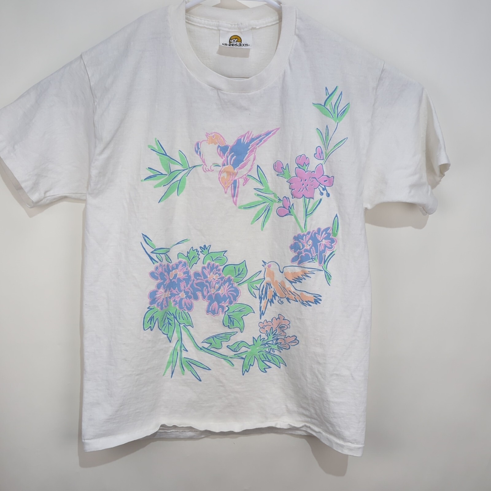 Vintage Floral Art Tee T Shirt Large Bird Pastel White Big Print Sloppy Joes