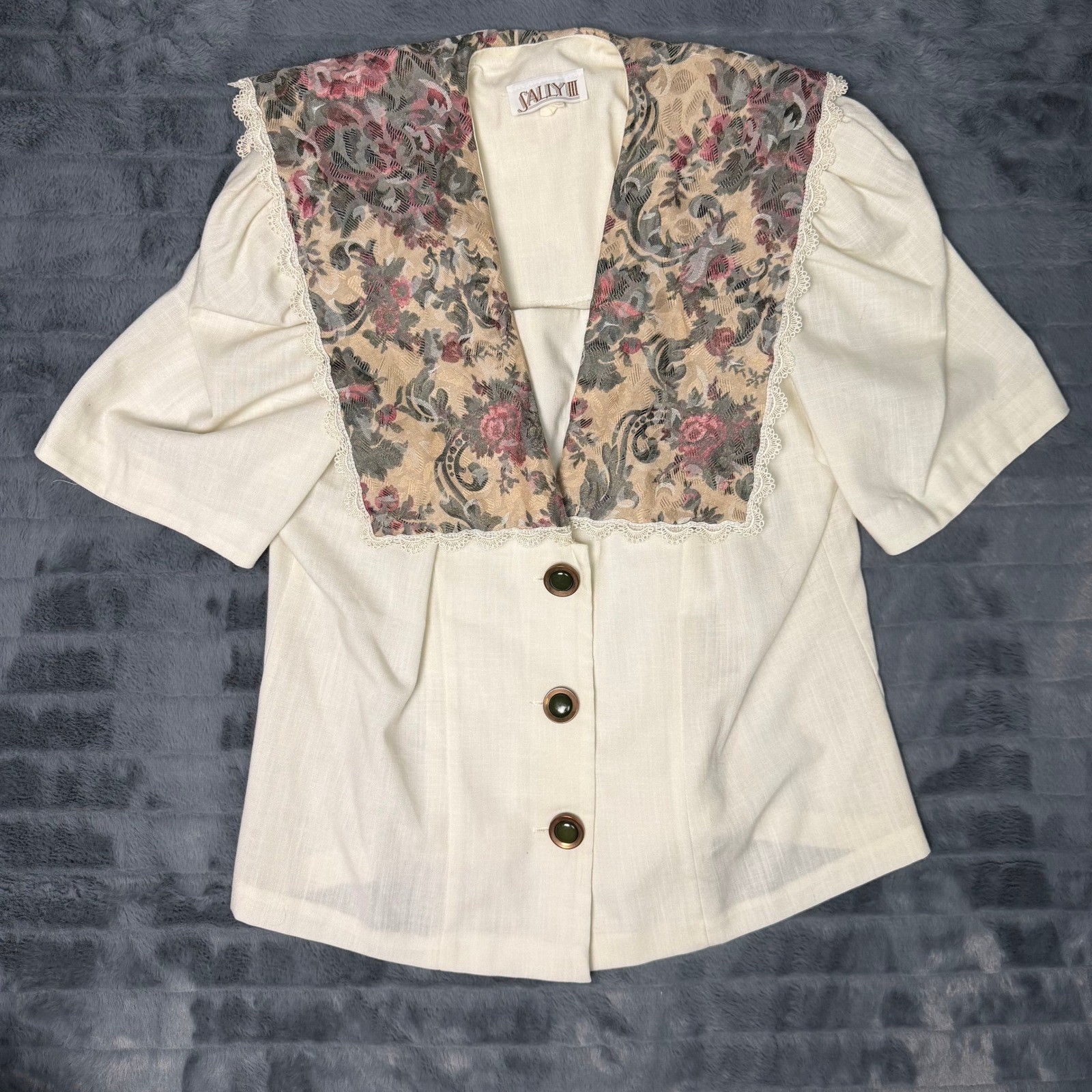 Vintage Sally III Floral Tapestry Sailor Collar Blouse Cream Short Sleeve 18