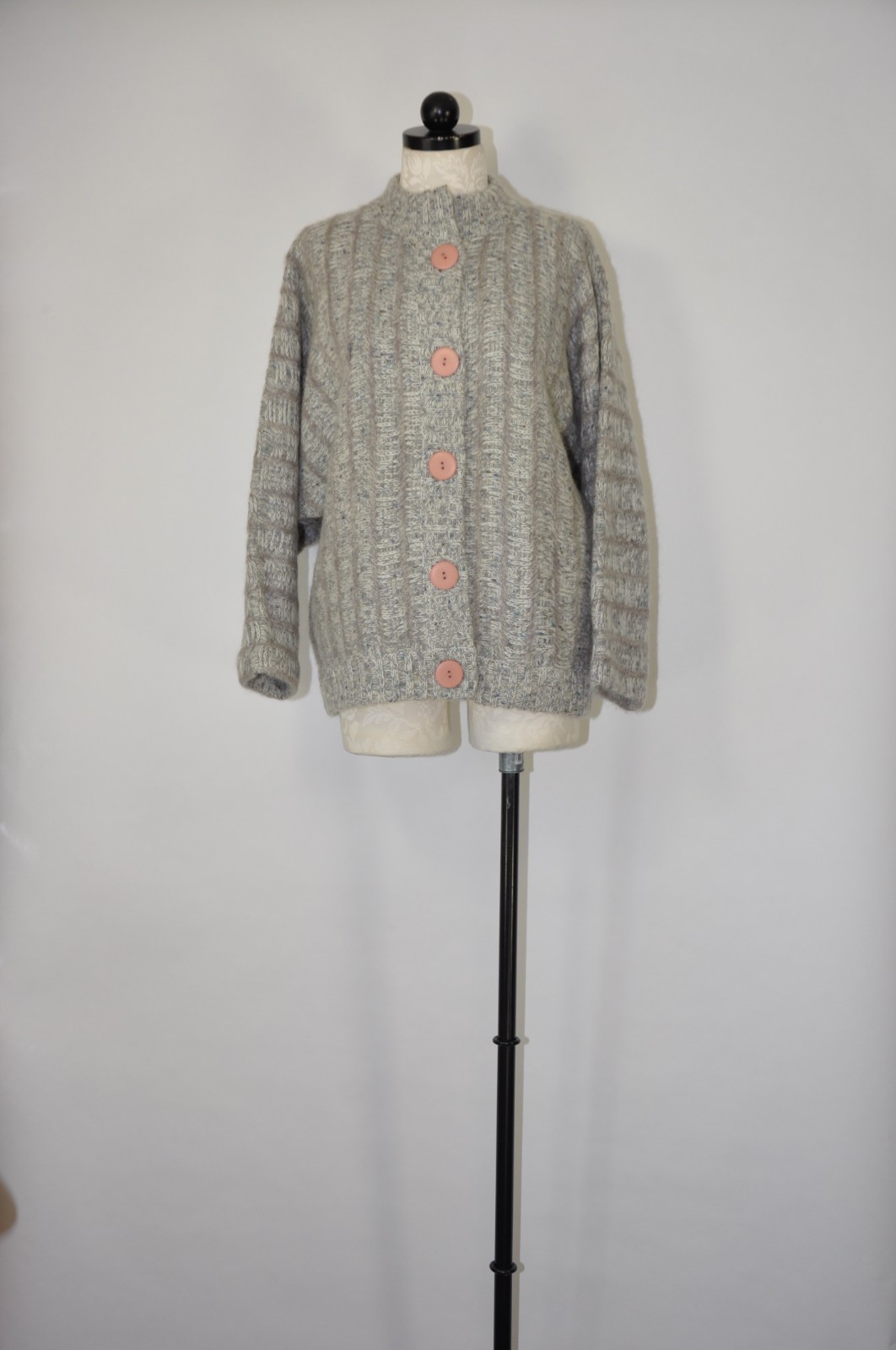 80s Vintage Gray Fuzzy Wool Mohair Buttoned Cardigan Sweater Jacket Women L XL