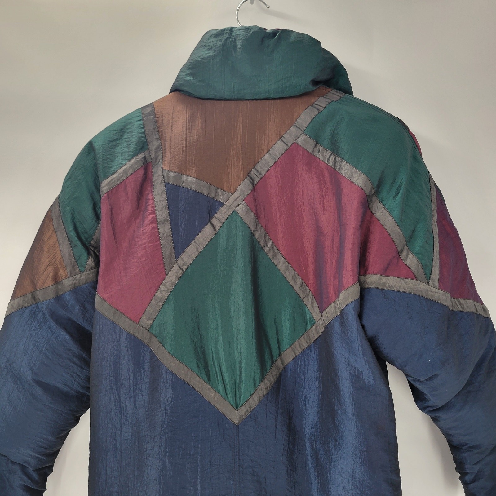 Vintage Down Fill Long Puffer Coat S Blue Red Geometric Colorblock High Collar
