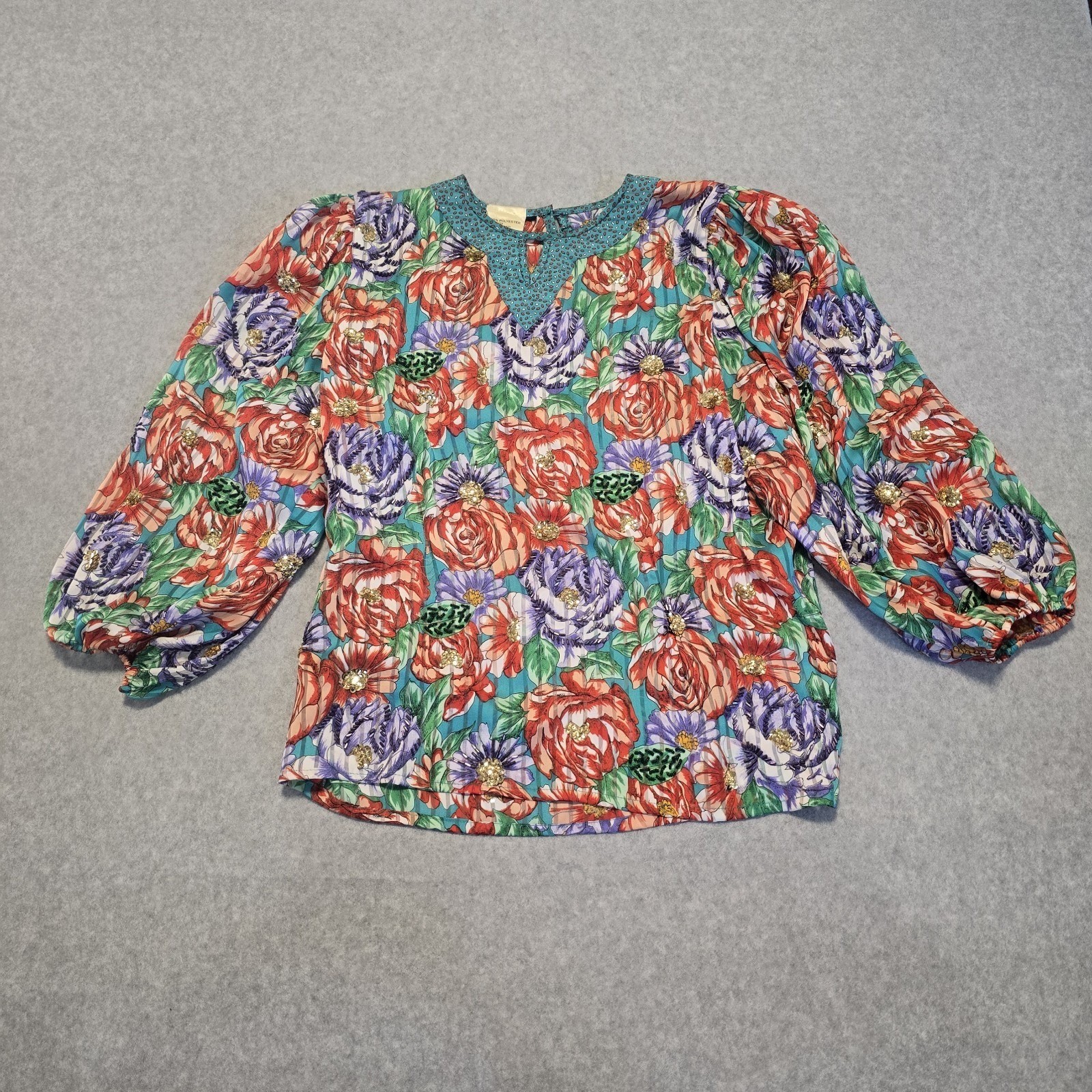 Vintage Floral Sequin Blouse Womens L Multicolor Pleated 80s Balloon Sleeve