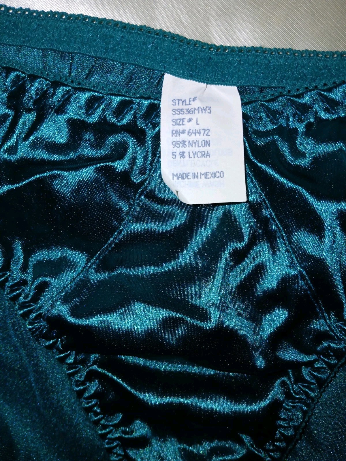 Vintage 90s Teal Green Wet Look Satin Nylon Second Skin Hi-Cut Panties L EUC