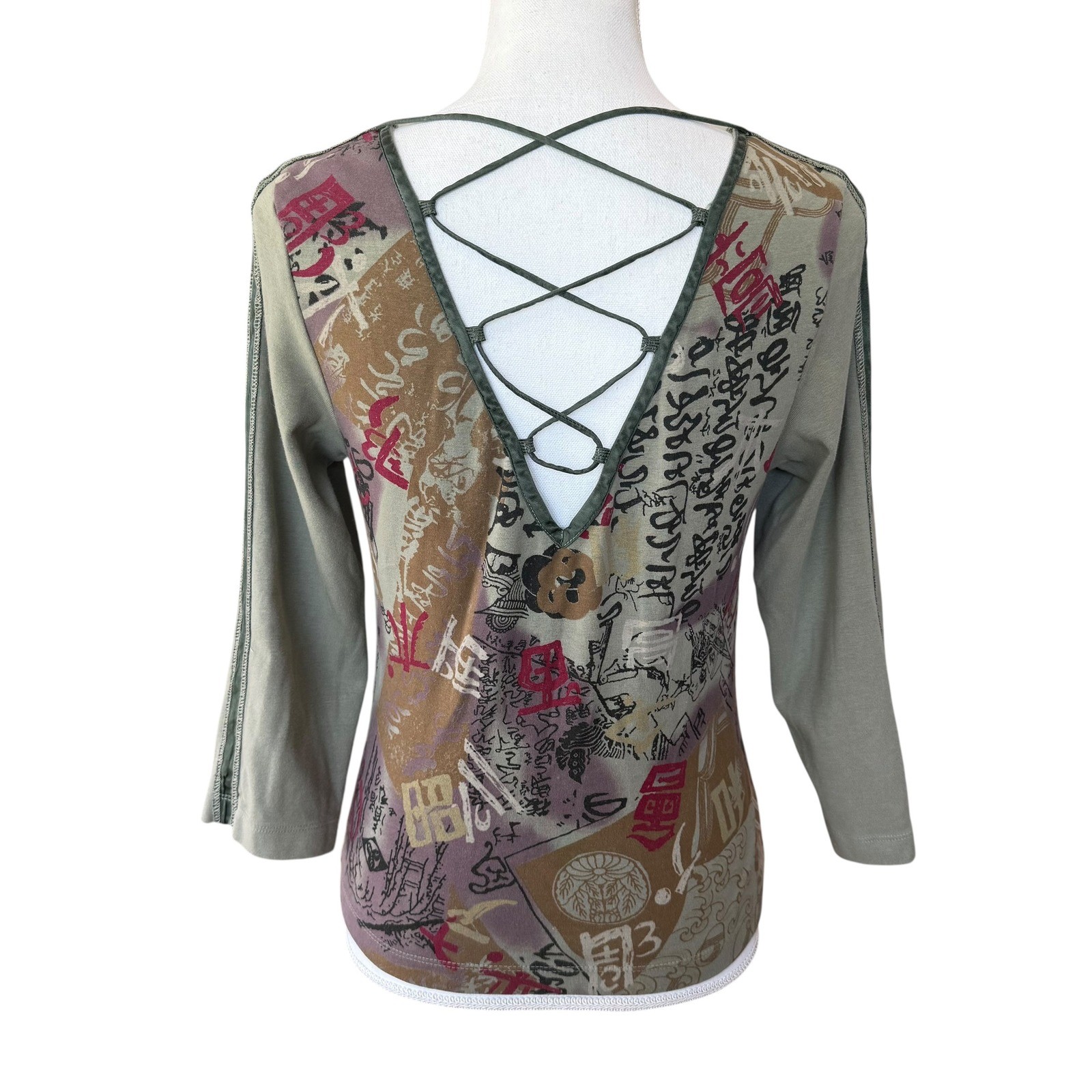 City Lights Vintage Graphic Lace Up Back Top Sage Green Large