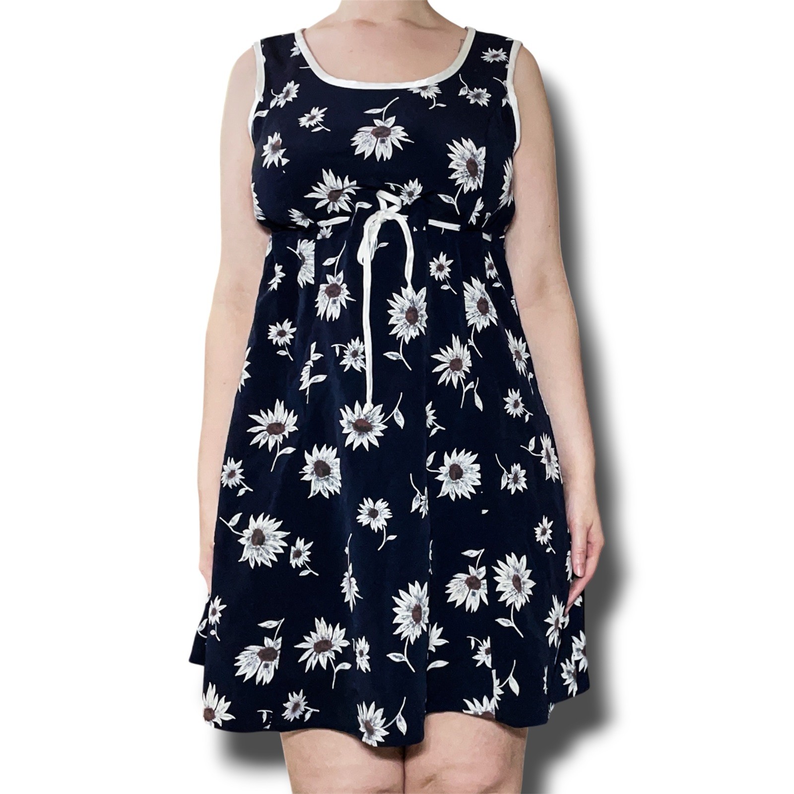 Vintage 90s Be Smart Dark Navy Daisy Floral Summer Dress Sz 11 Made In USA
