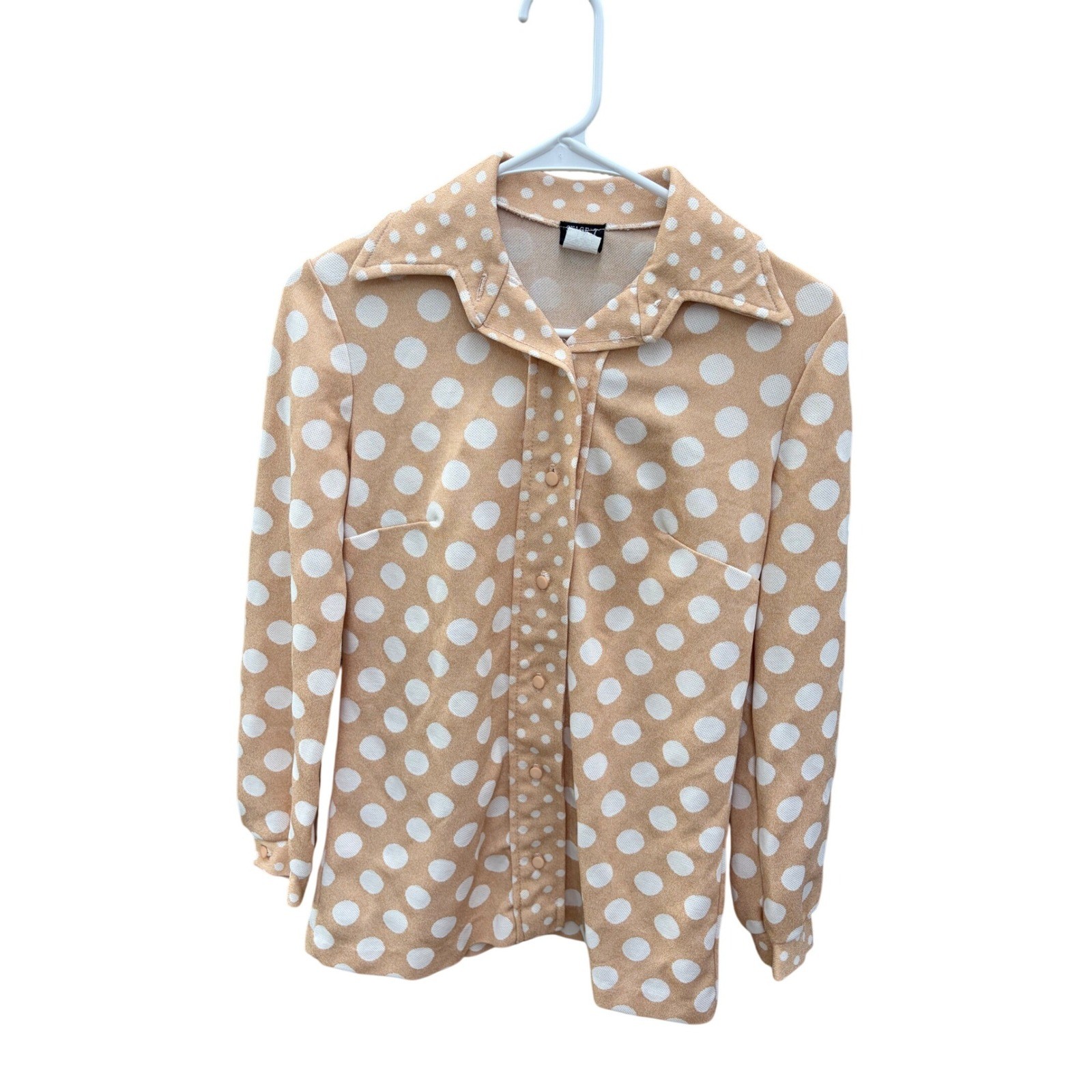 Stage 7 Vintage 70s Polka Dot Blouse Tan White Dagger Collar Retro Top Size 8