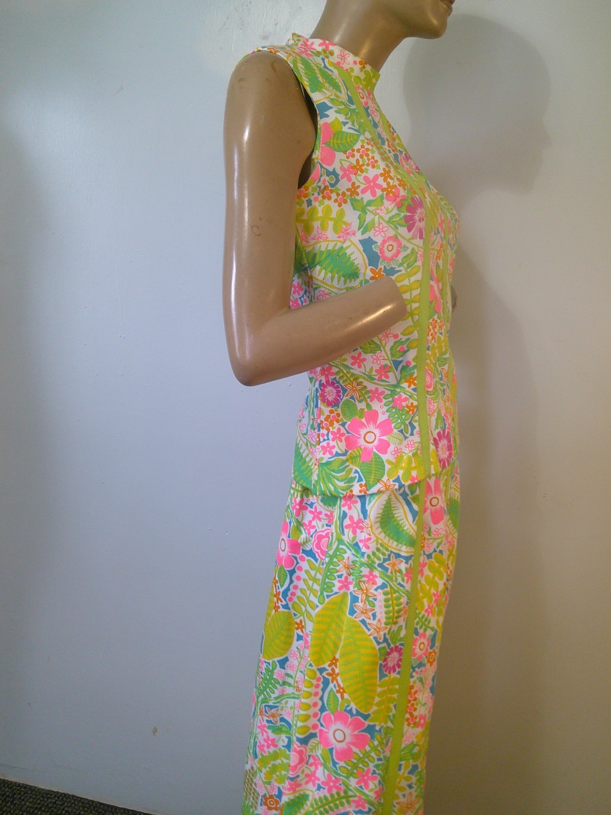 Vtg 60’s JAMISON BOUTIQUE 2 pc Lilly Style Neon Floral Tunic Top & Maxi Skirt M