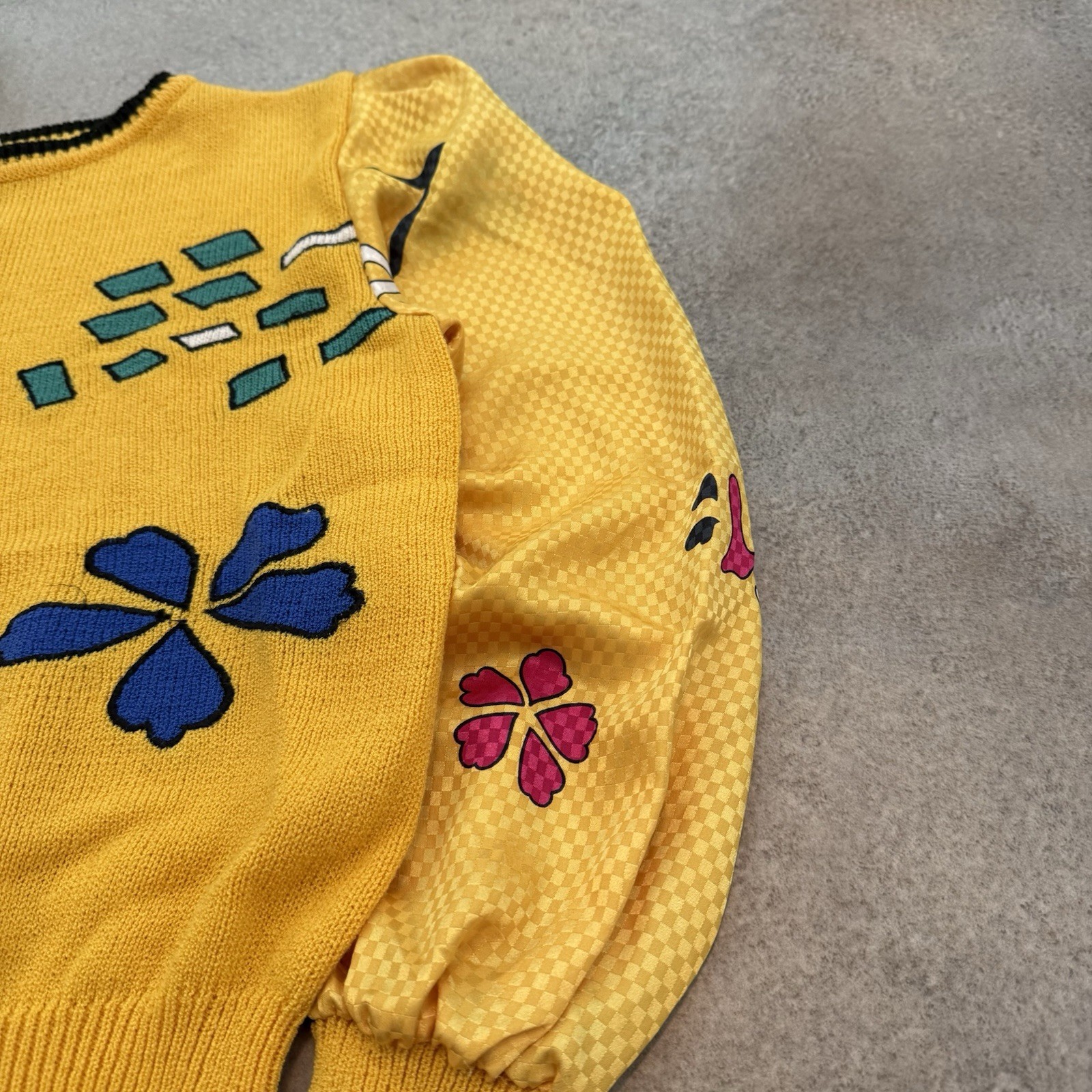 Vintage 80s Jaymee Papell Geometric Sweater Medium Yellow Funky Art Teacher 1980