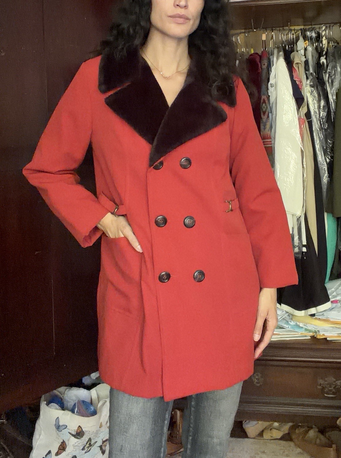 1970s Vintage Women’s Red Orange Coat With Faux Fur Collar Double Breasted