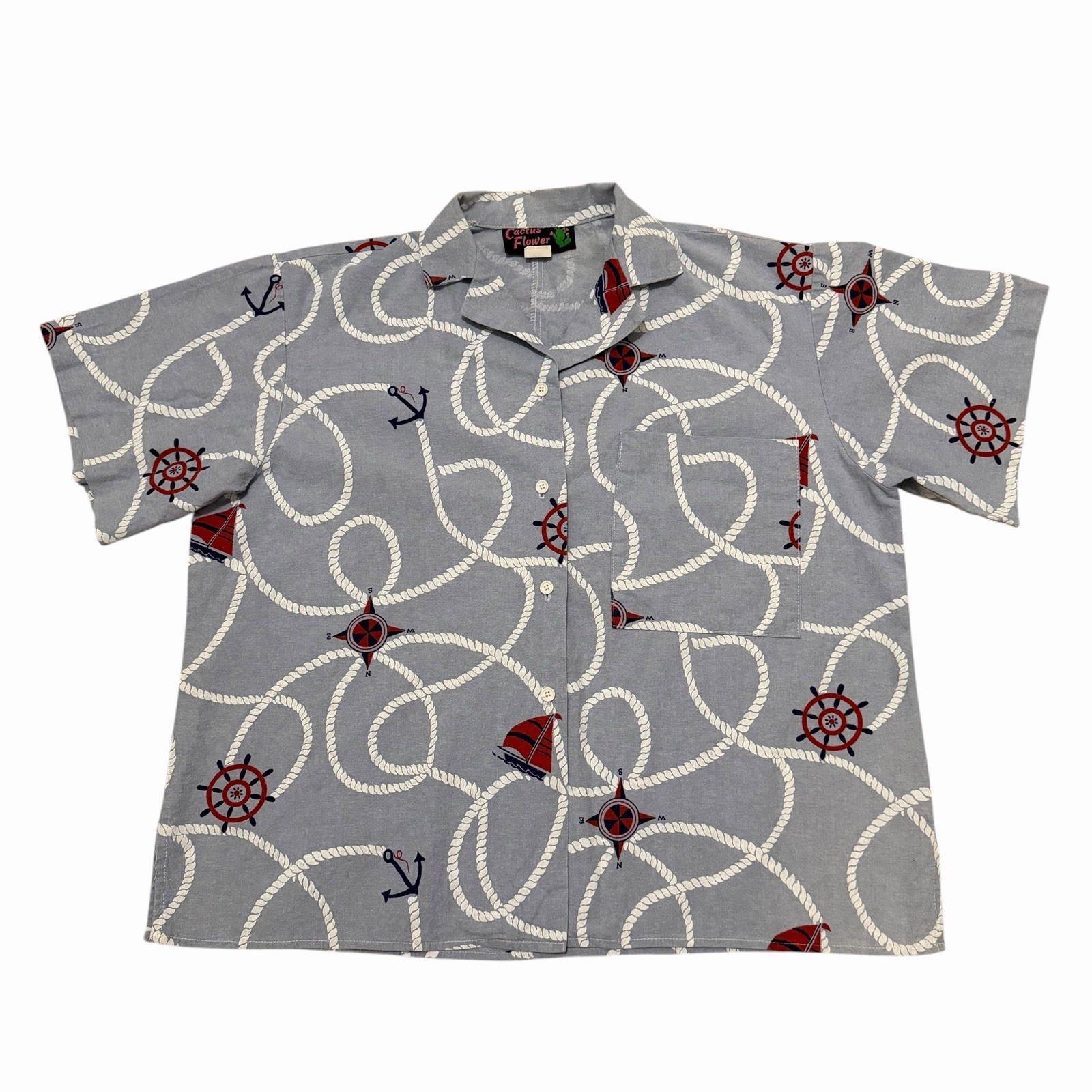 VTG Cactus Flower Nautical Themed 100% Cotton Button Up Shirt Women’s Med USA