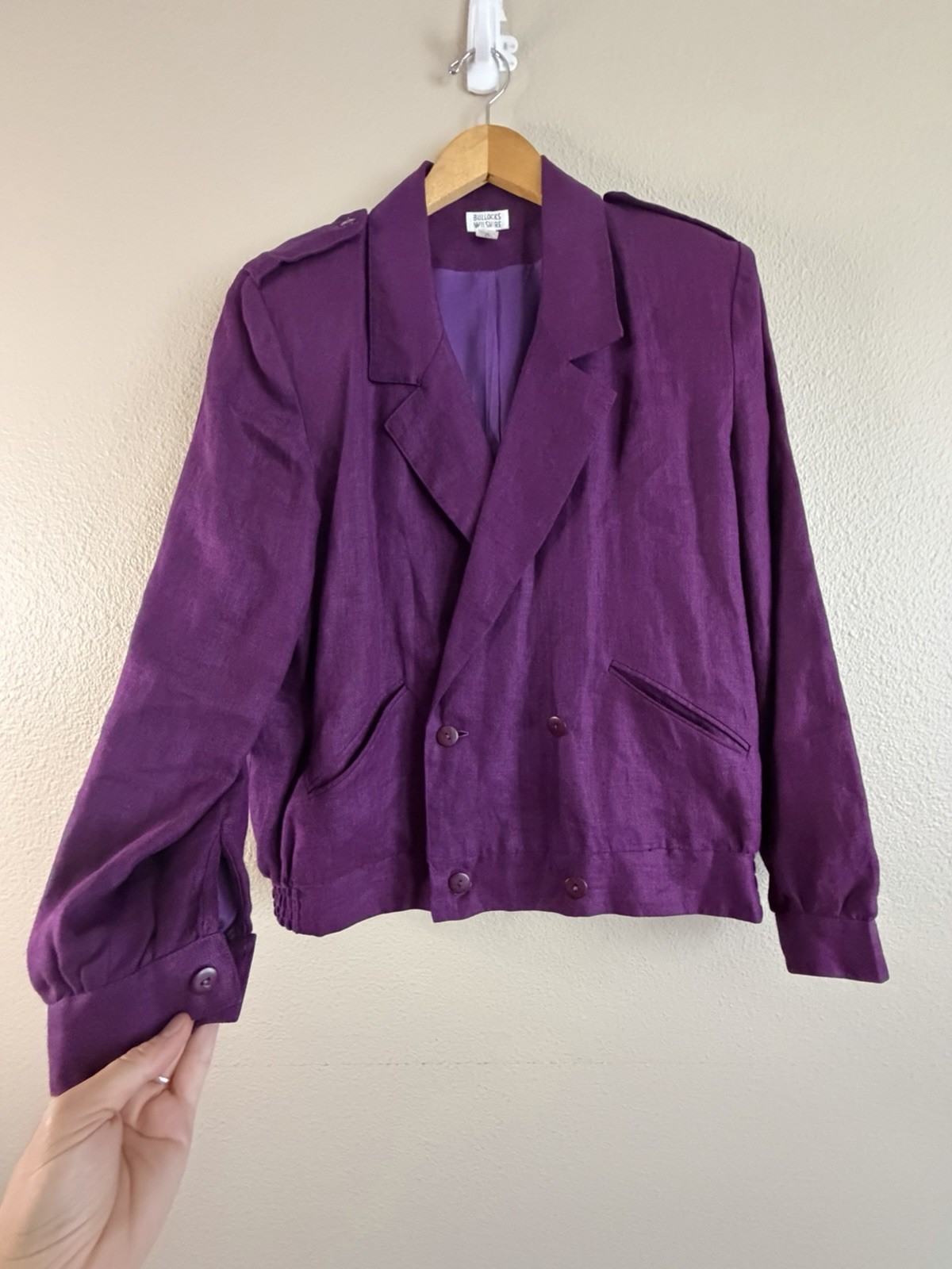 VTG 80s 90s BullocksWilshire Purple 100% Linen Pantsuit Set M 12 Power Suit Pads