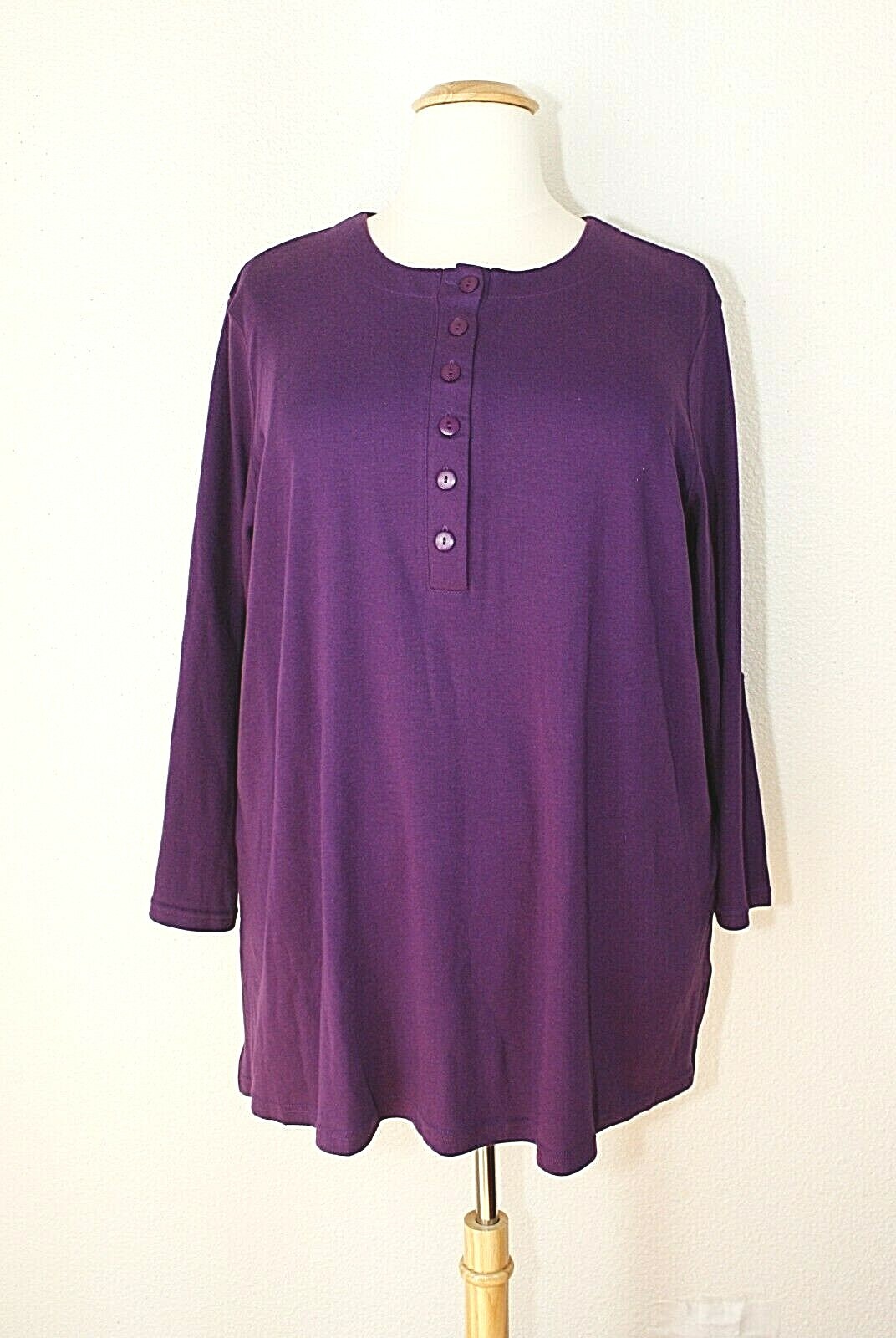 VTG ONLY NECESSITIES Knit Top Tunic Plus 2X Purple Henley Neck LS Casual #04