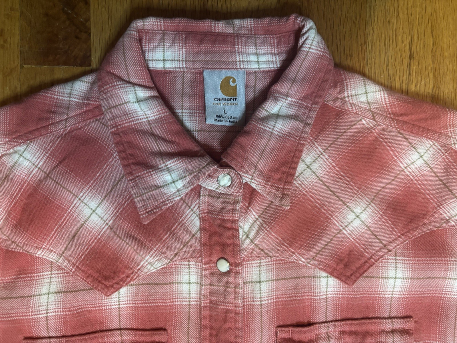 VTG 2008 Carhart Women’s L Cotton Flannel Pink Plaid Western Pearl Snap Shirt L