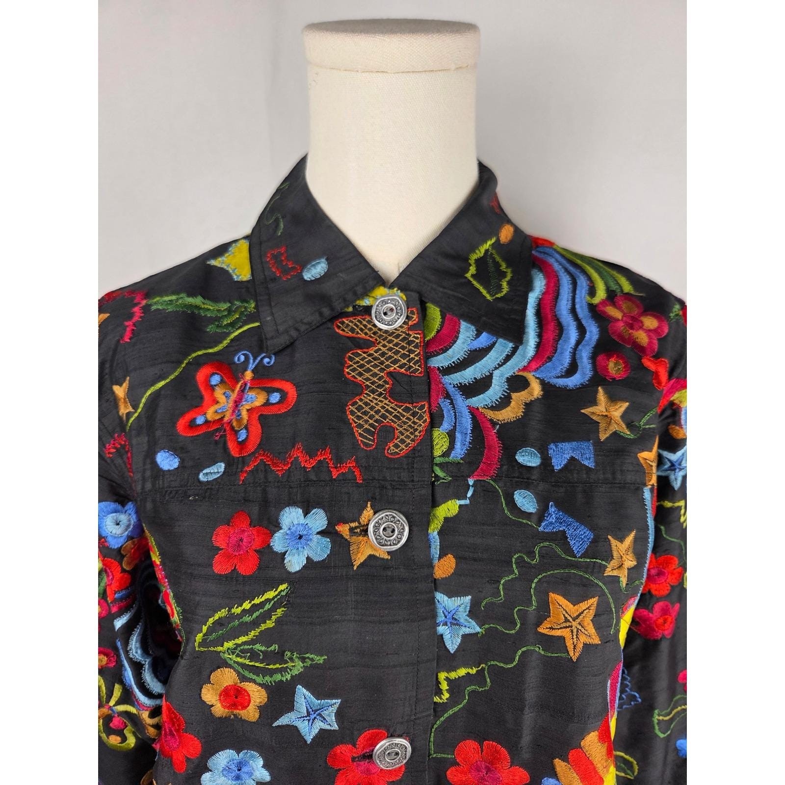 Chico’s Design Jacket Womens Size 1 Medium Black Silk Embroidered Vintage 80s