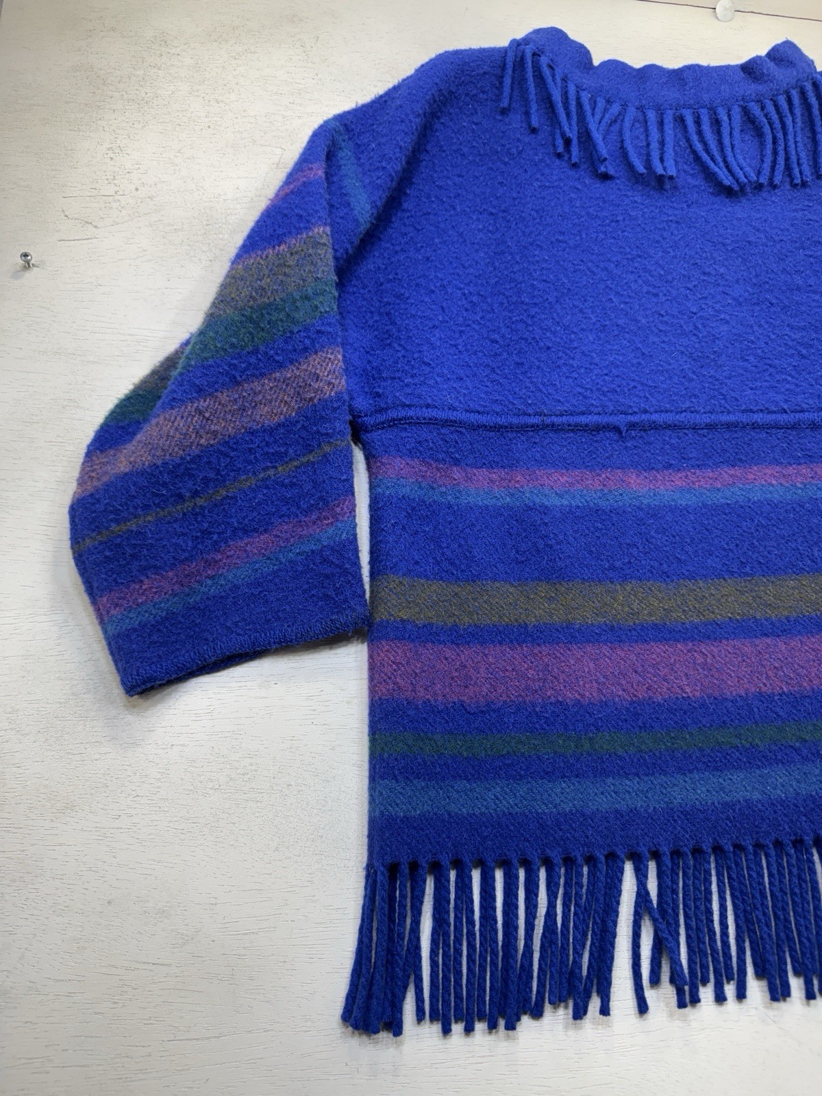 Vintage Lapp Lander Fringed Blanket Sweater Blue 100% Wool Norway 40