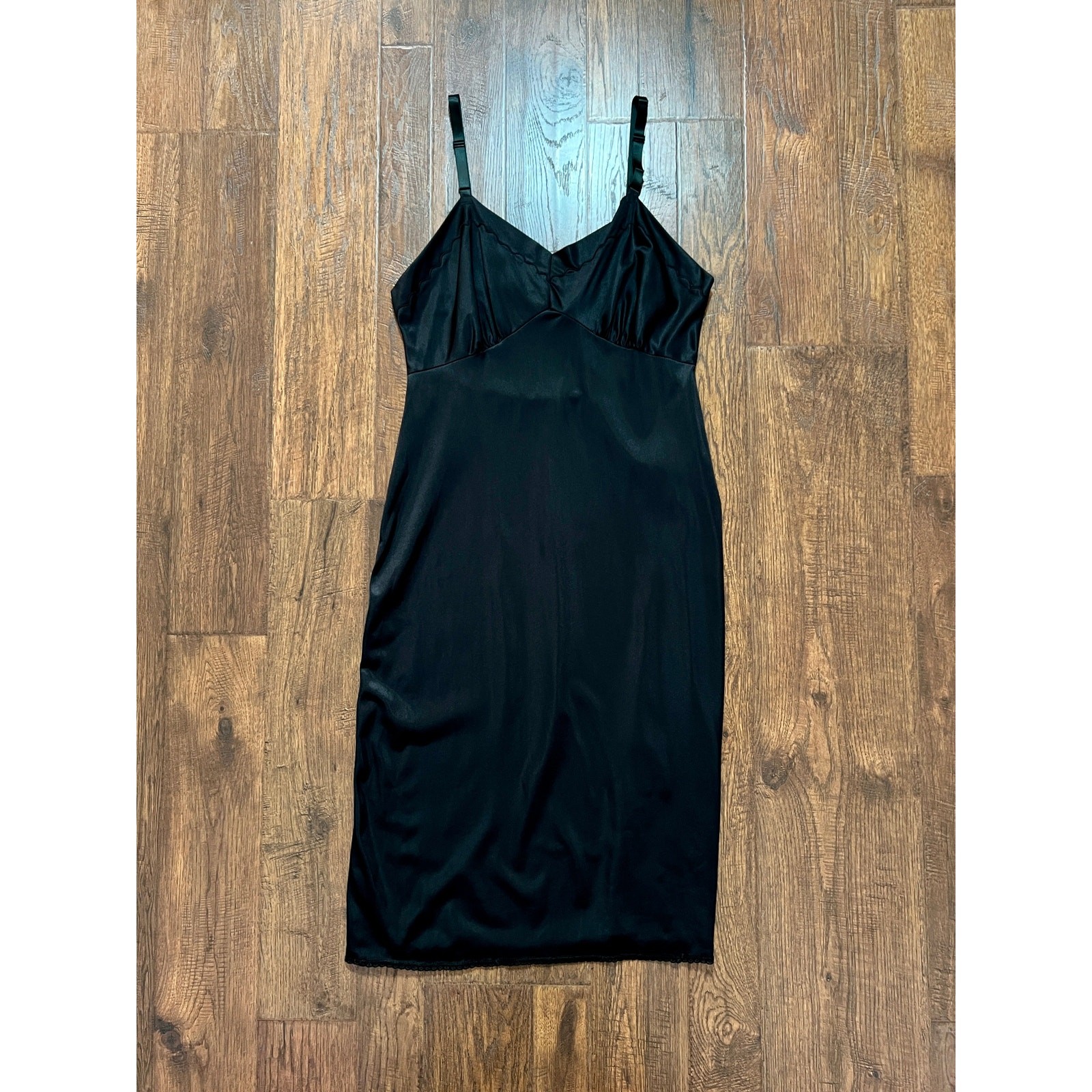 Vintage Nylon Spaghetti Strap Slip Dress Black with Scalloped Embroidery Mistra