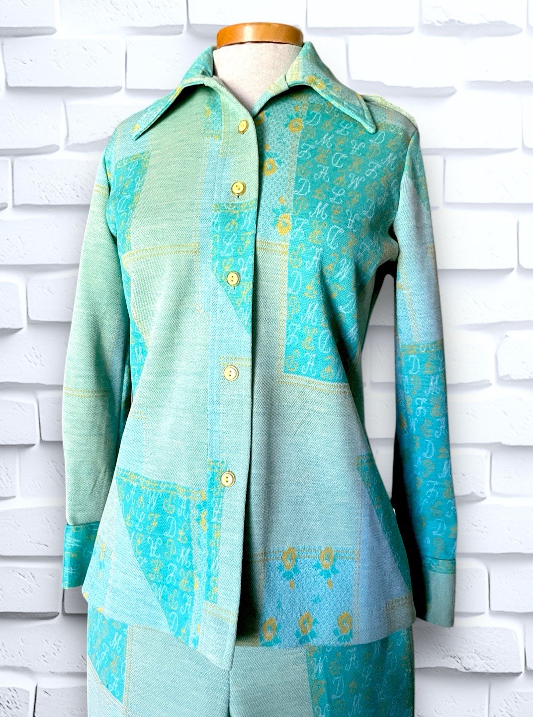 1960’s Teal, Sea Foam Green & Yellow Patchwork & Monogram Pattern Suit Spring