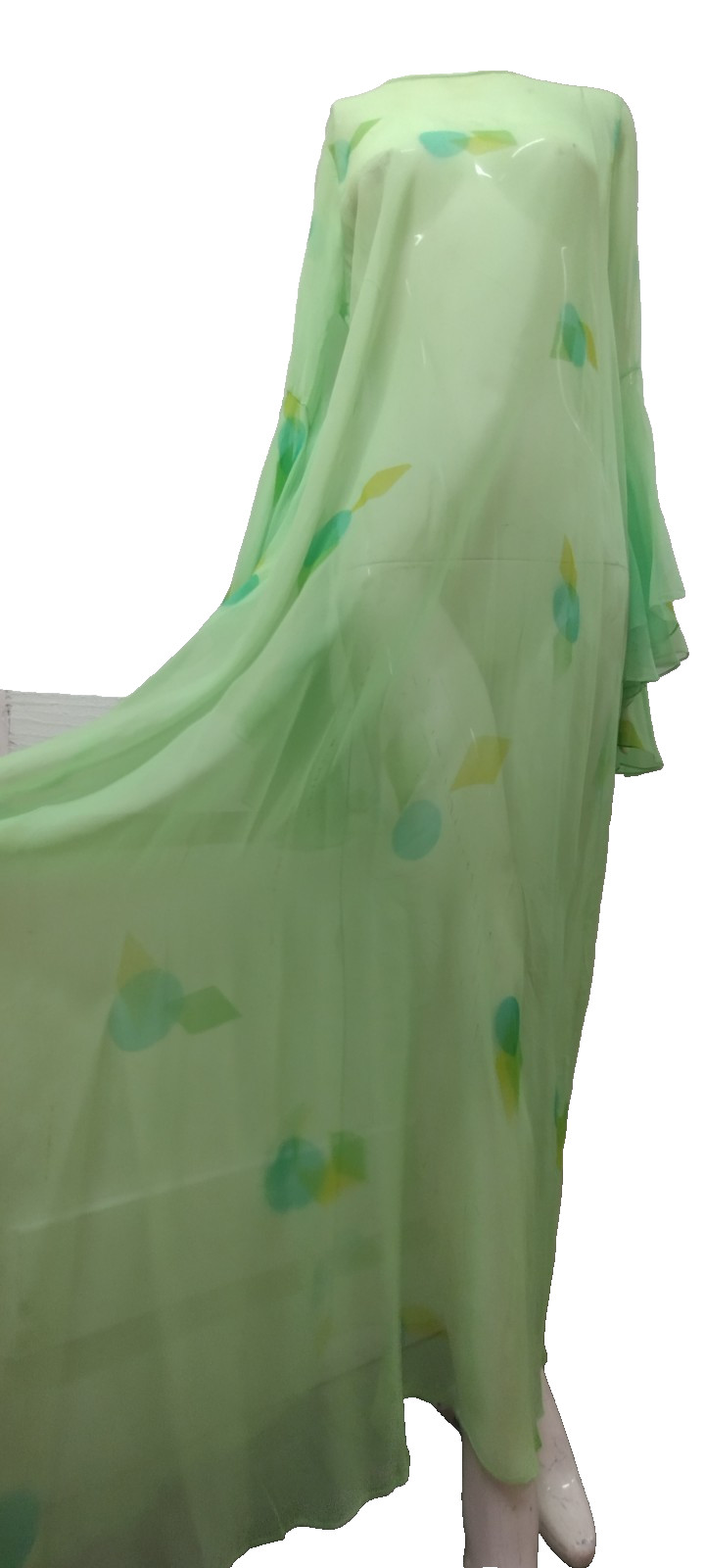Vintage Psychedelic Jade Green Silk Chiffon Wide Bell Sleeves Maxi Gown Sheer L