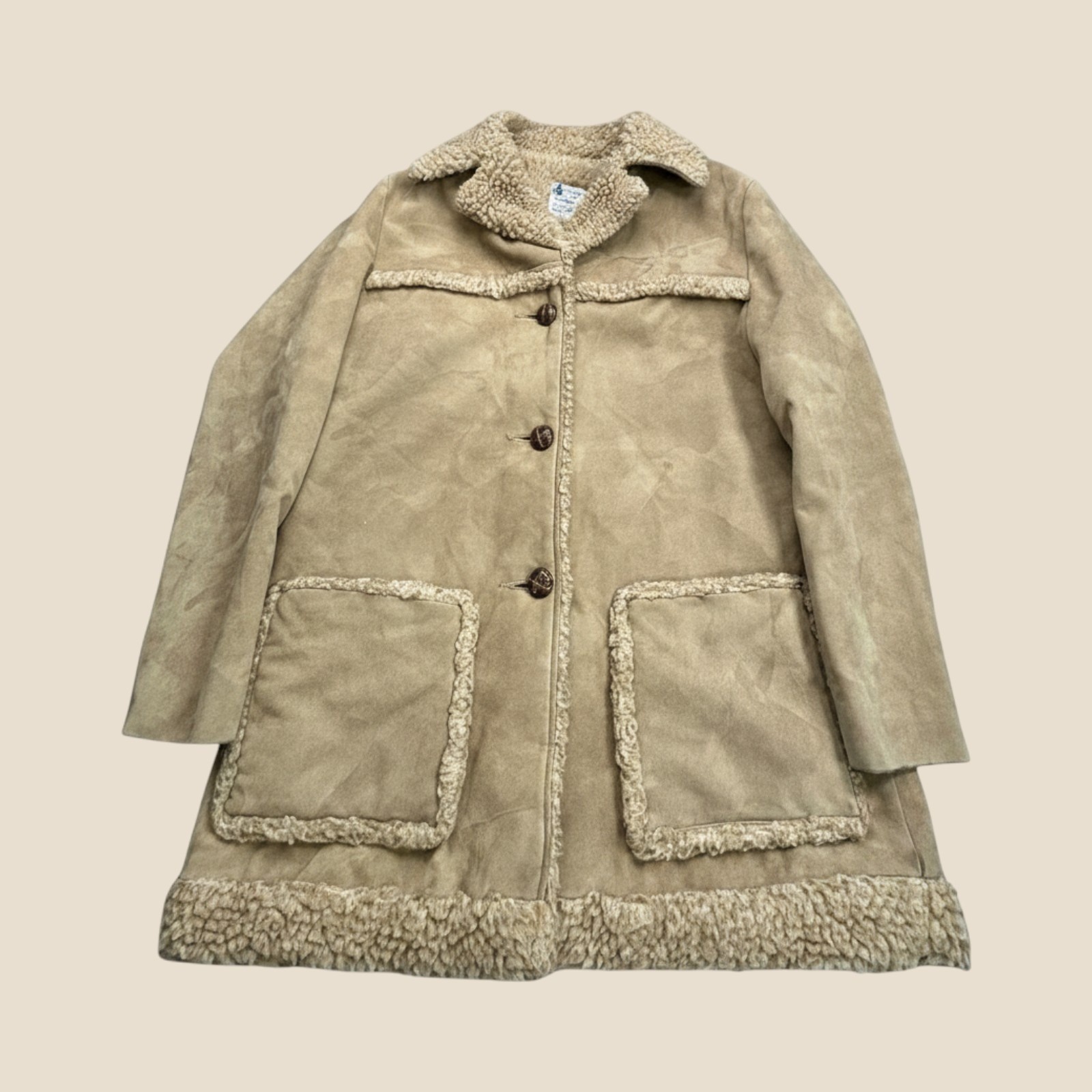 Fingerhut Fashions Coat Women 16 Tan Faux Suede Sherpa Trim Vintage 70s Boho USA