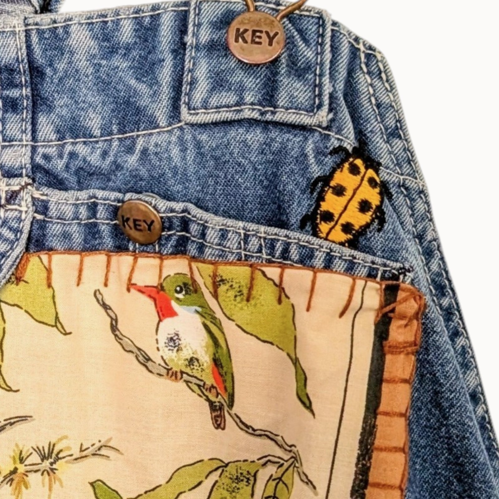 VTG 90s Key reworked birds botanical patchwork fairy cottage grunge overalls M/L