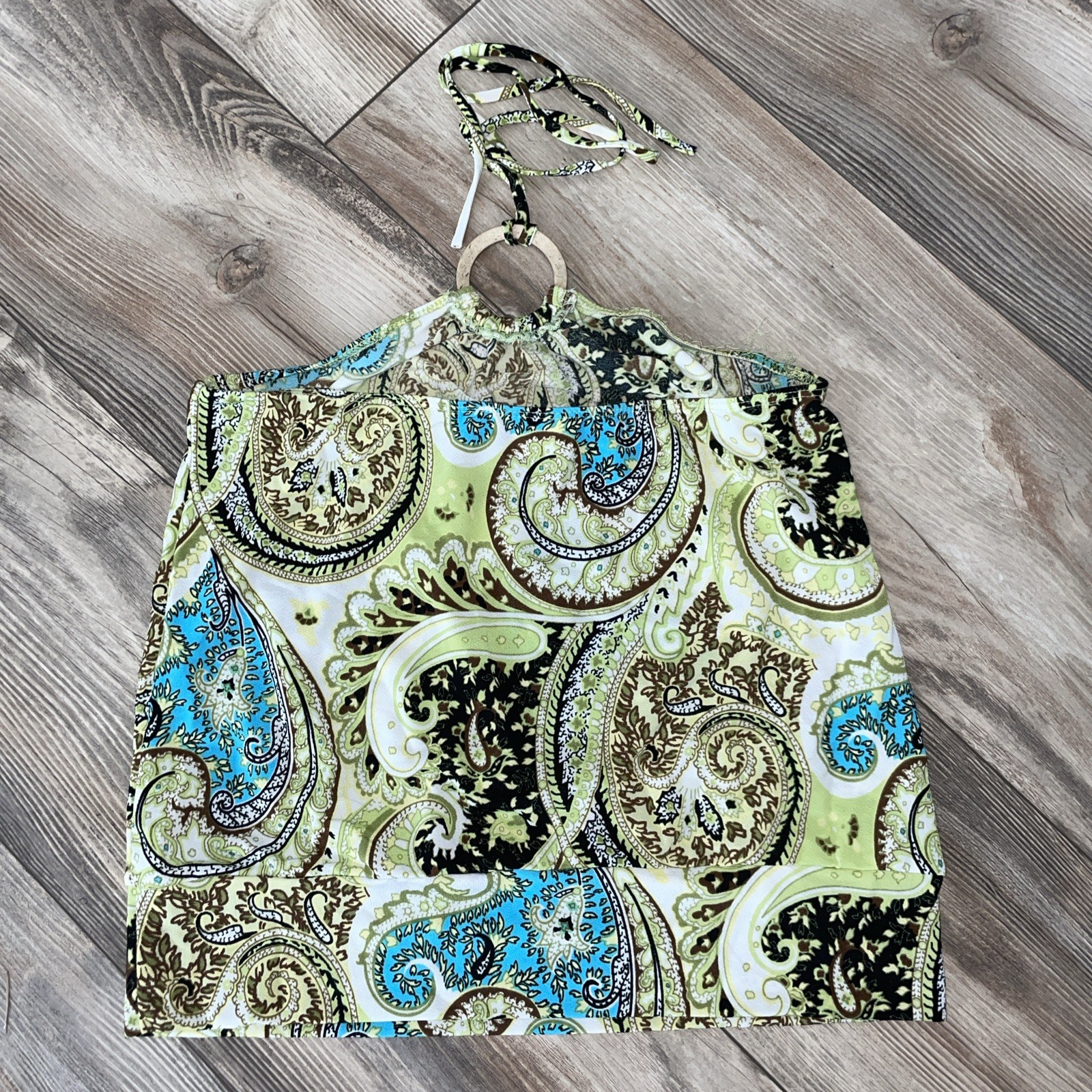 Vintage Y2K Rave Tie Halter Top Sz M Paisley Green