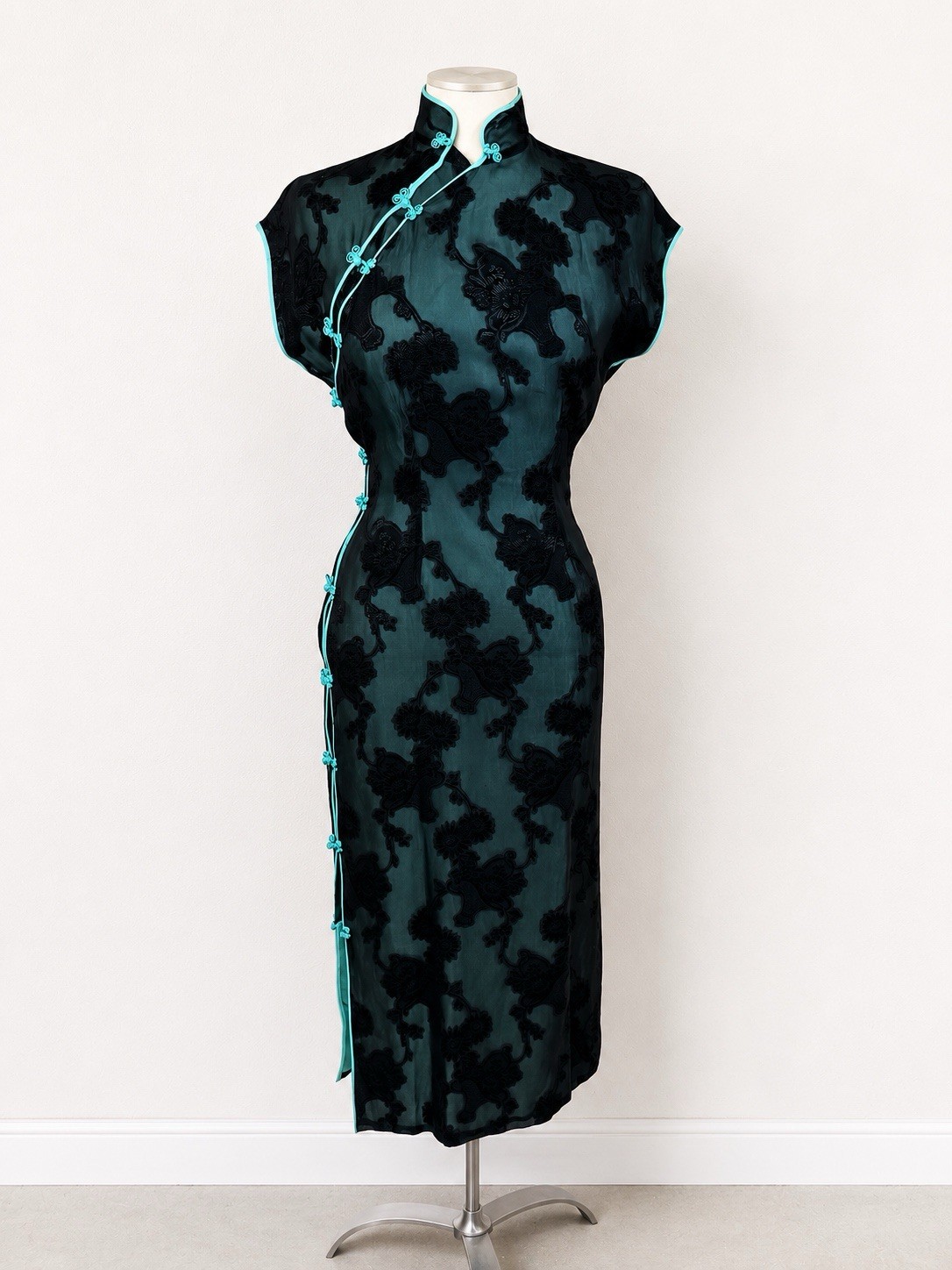 Vintage 90s y2k Cheongsam Qipao Midi Sheer Mandarin Floral Dress Goth Glam Small