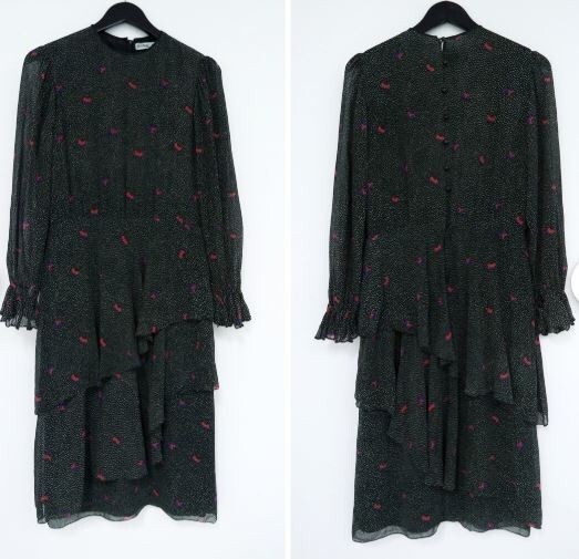 Vintage Hanae Mori silk butterfly polka dot lined Dress with Ruffle skirt Sz S