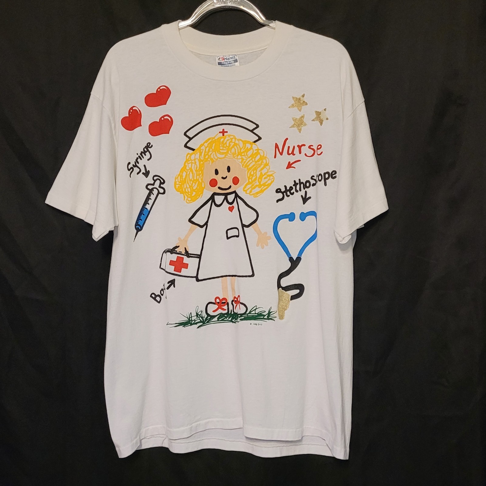 VTG 1992 Nurse Painted Graphic Retro Single Stitch Short Sleeve T Shirt Adult XL