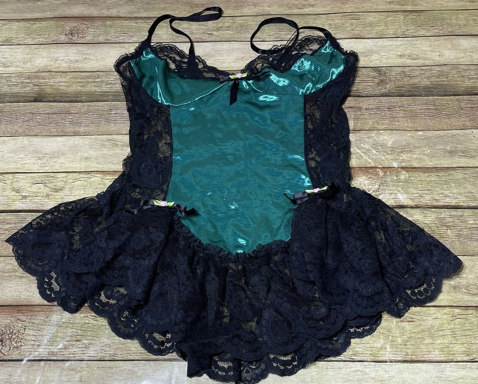 Pandora Kelly Green Black Ruffle Lace Bow Lingerie Size Small USA Vintage 90’s