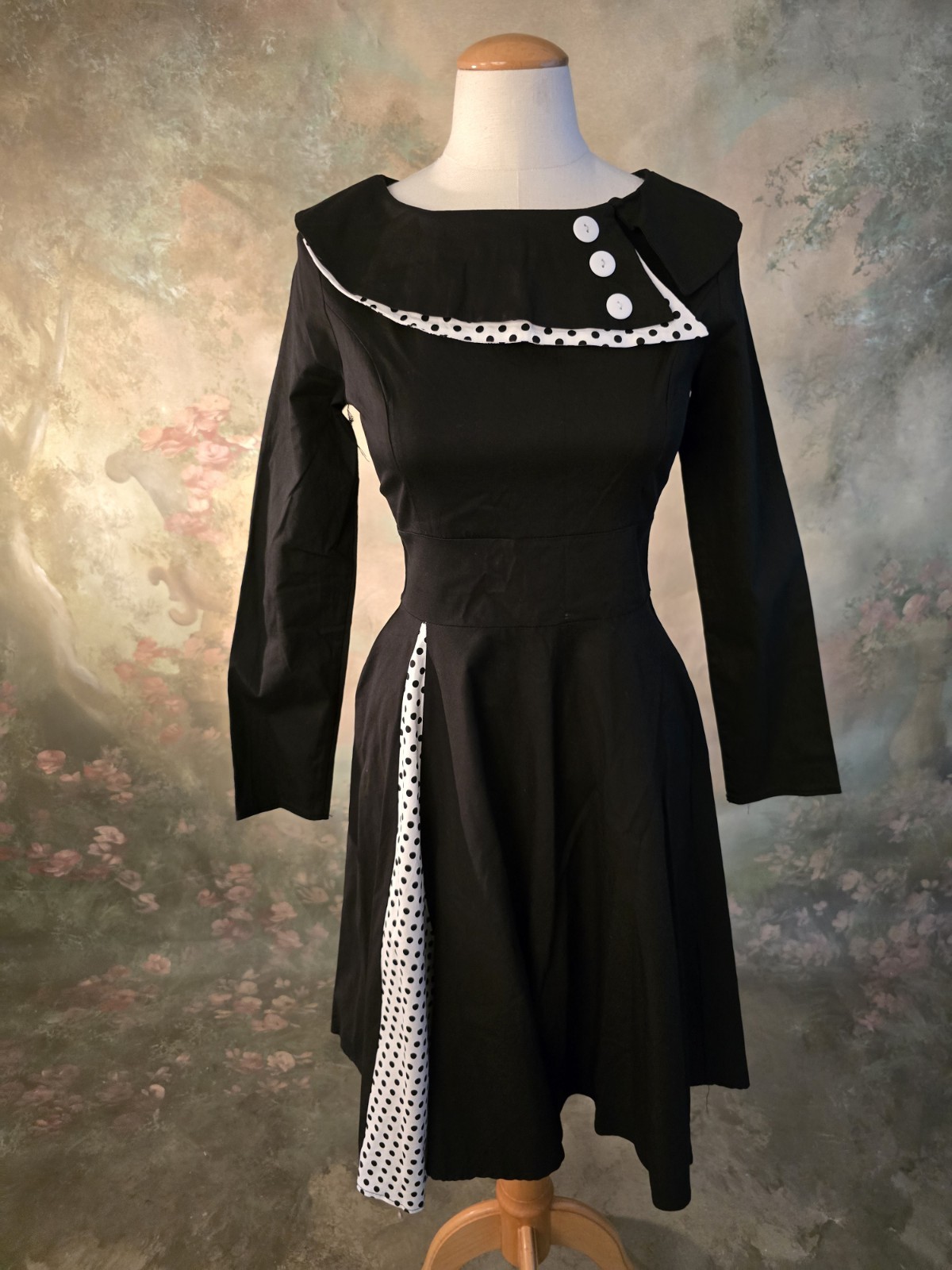 Vintage Style Rockabilly Swing Dress Black White Polkadot Accents S