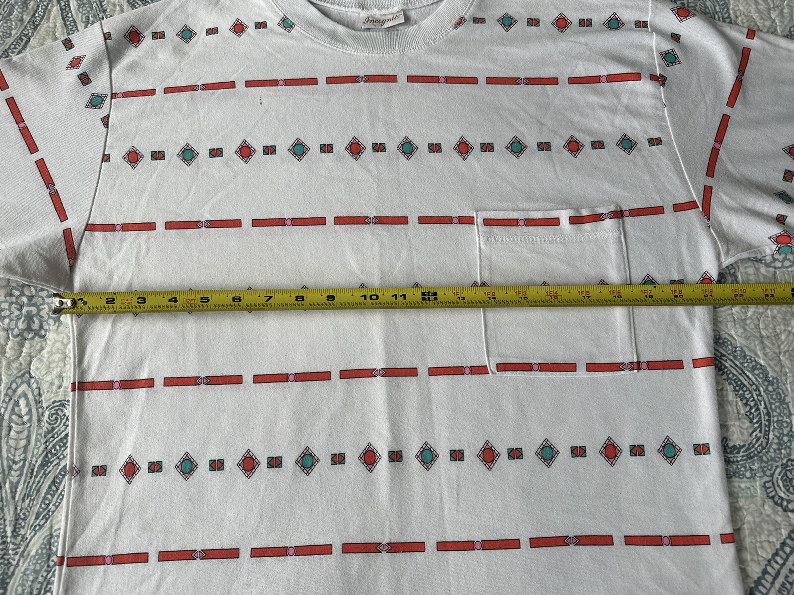 Vintage 1980’s Woman’s Incognito Pocket T-Shirt Geometric Shapes Design Size L ?