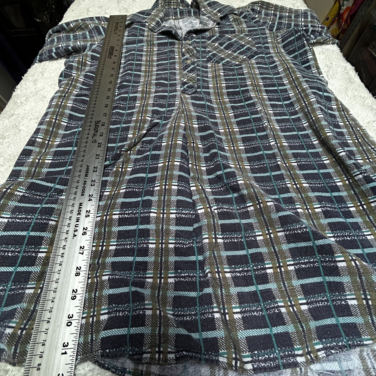 Women’s Vintage European Tunic Half Button Shirt Heavy Cotton Plaid Multicolor