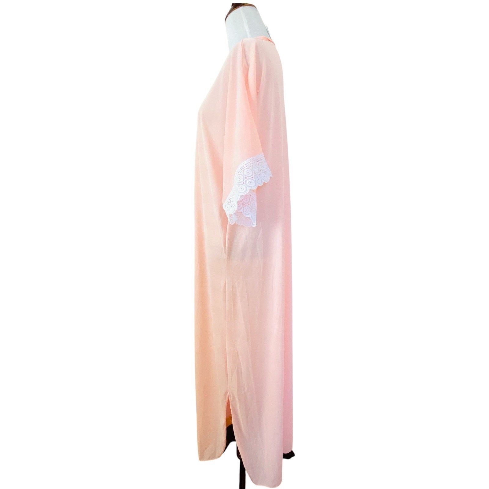 VINTAGE LACE NYLONLIGHT PINK CAFTAN GOWN MAXI DRESS NIGHTGOWNOSFA MADE IN USA