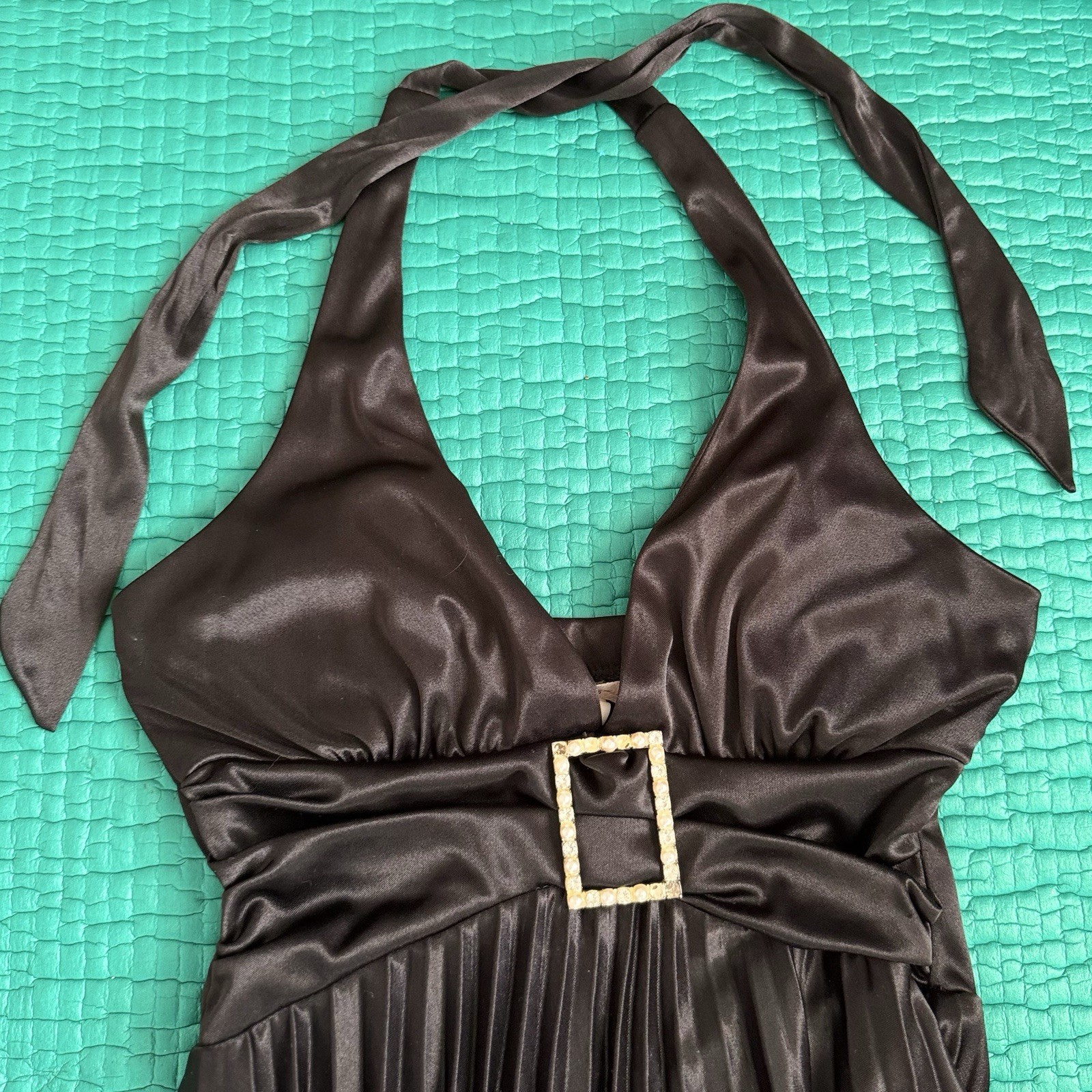 Vintage Y2K Speechless Midi Party Dress Halter Pleated Satin Black Sz S 2000s