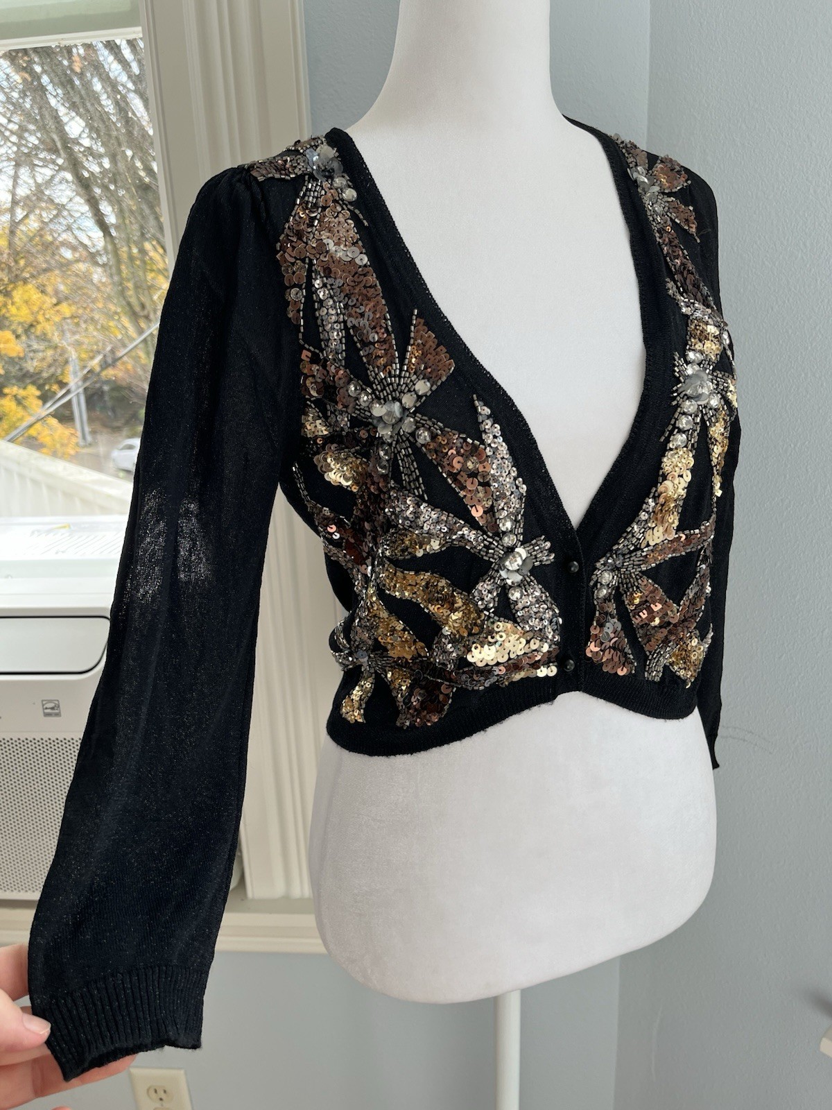 Sequin Beaded Sheer Black Gold Cardigan Sweater Pin-up Evening 80’s XS S Cropped