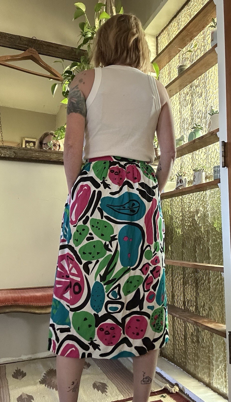 80s VTG Midi Skirt Colorful Pop Art Fruit Print Citrus S Pink Green Blue