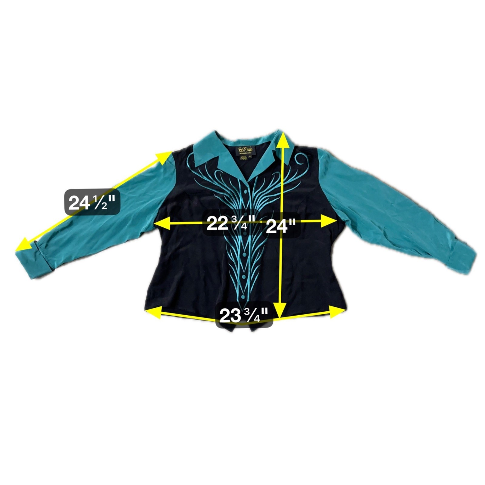 Vintage Bob Mackie Wearable Art Shirt Silk Western 90s Blouse Teal Black 1X READ