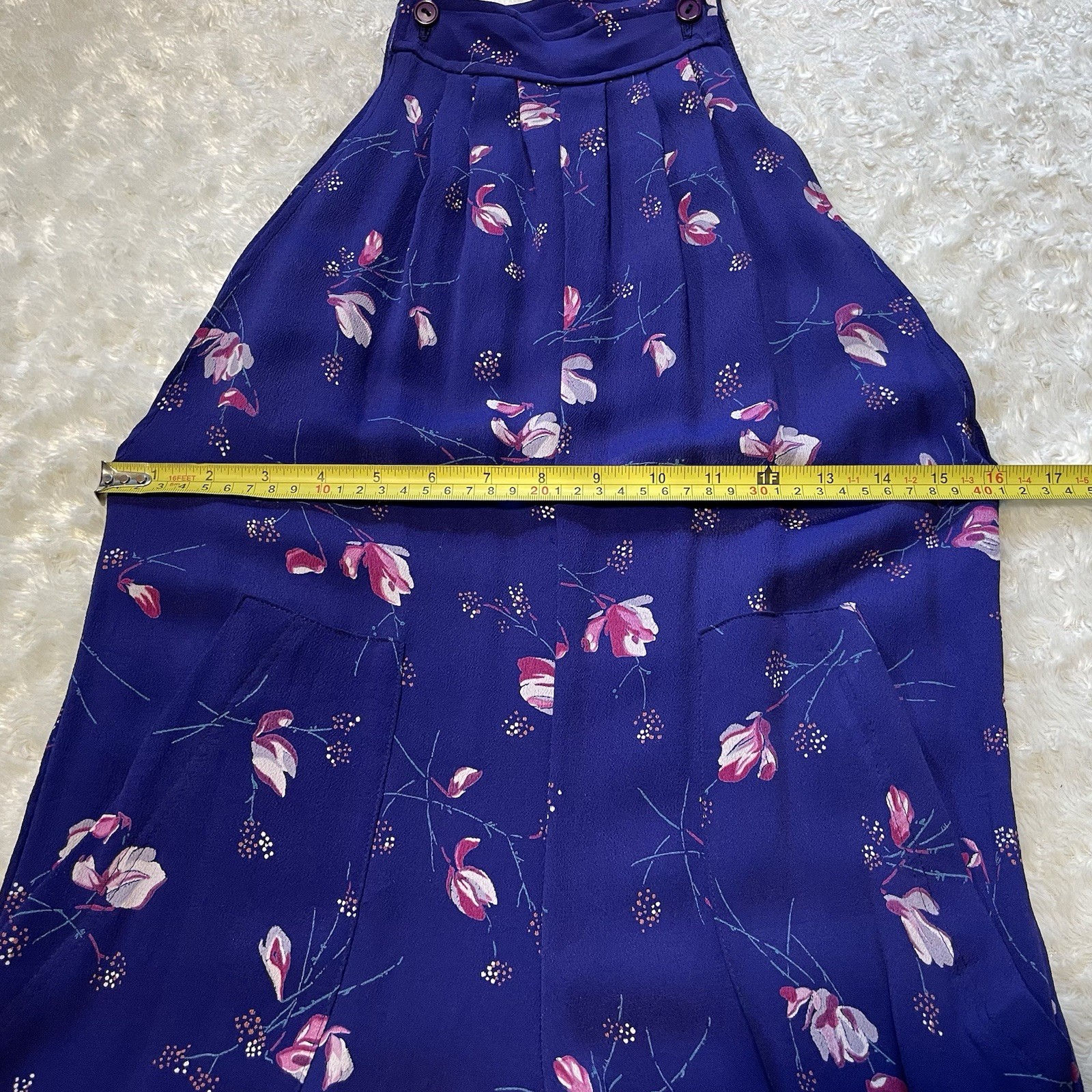 vintage 70s purple floral rayon pleated wide-leg hippie boho overall jumpsuit S