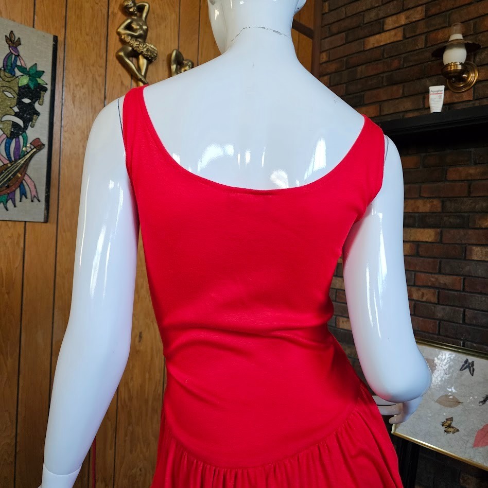 Vintage 80s New Wave Punk Cherry Red Tiered Ruffle Skirt Tank Top Day Dress M