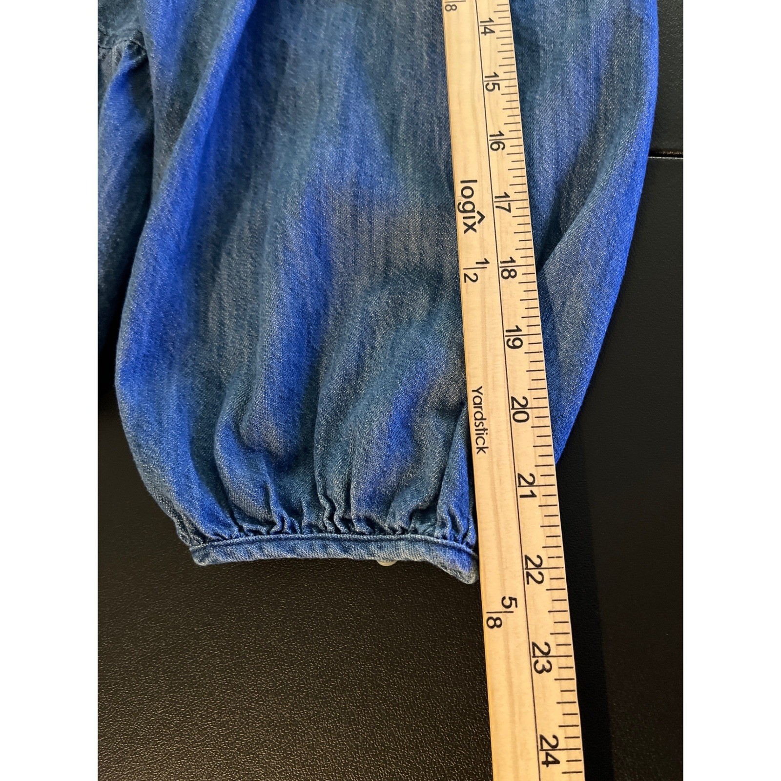 Old Navy Tiered Blue Denim Blouse Medium Puff Sleeve Babydoll Cottagecore