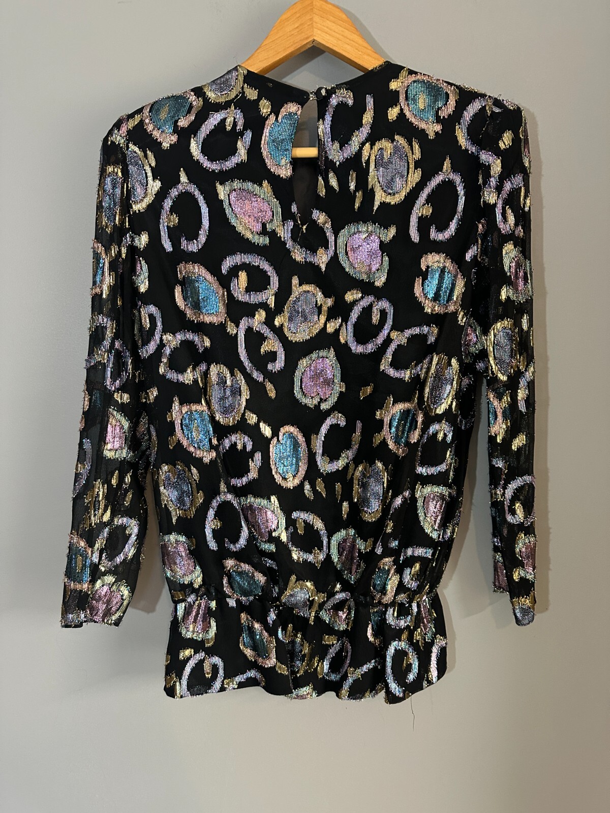Vintage Simon Sez Women Blouse Med 9/10 Metallic Peplum 80s Glam Shimmer Top USA