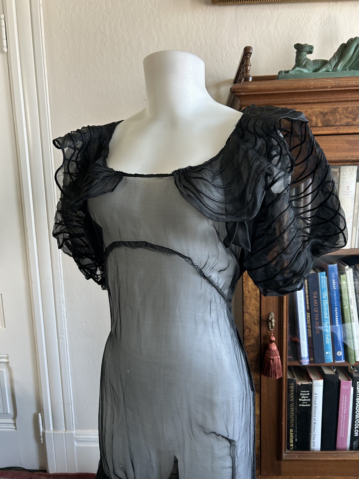 Vintage 1930s Sheer Black Mesh Net Gown Dress Bolero Set Bias Cut Deco Maxi S/M