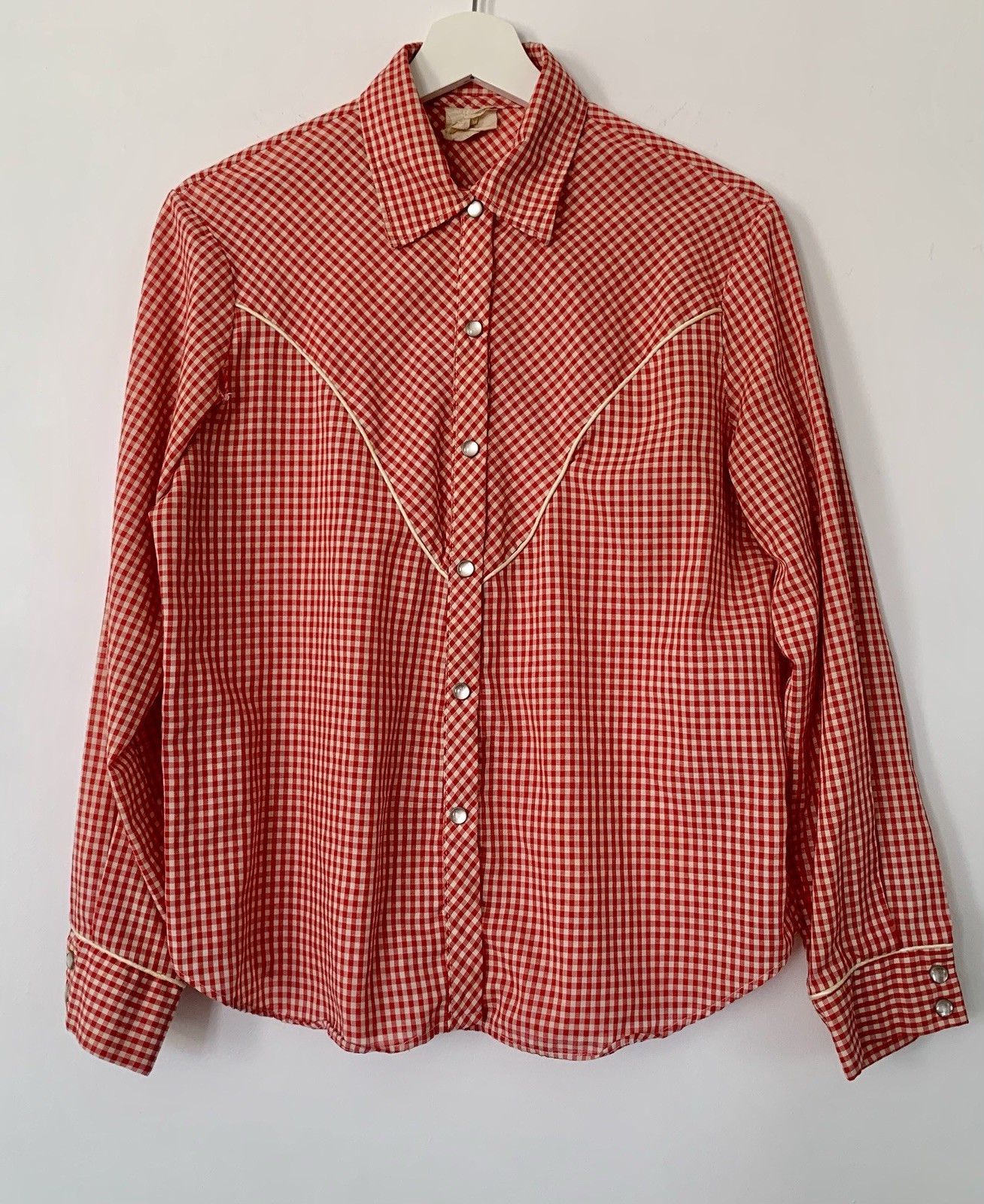Vtg 60s Western Shirt Land n Sea USA Red Plaid Cowgirl Pearl Snap L