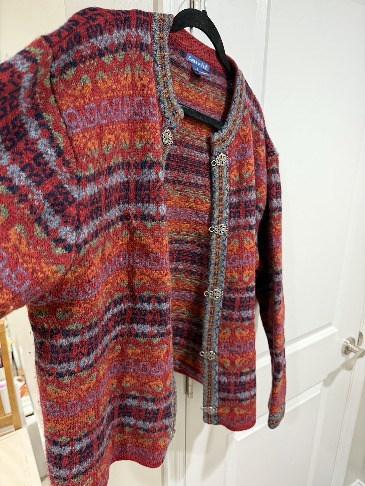 Vtg The Eagle’s Eye Multicolor 100% Wool hand-knit cardigan sweater Large