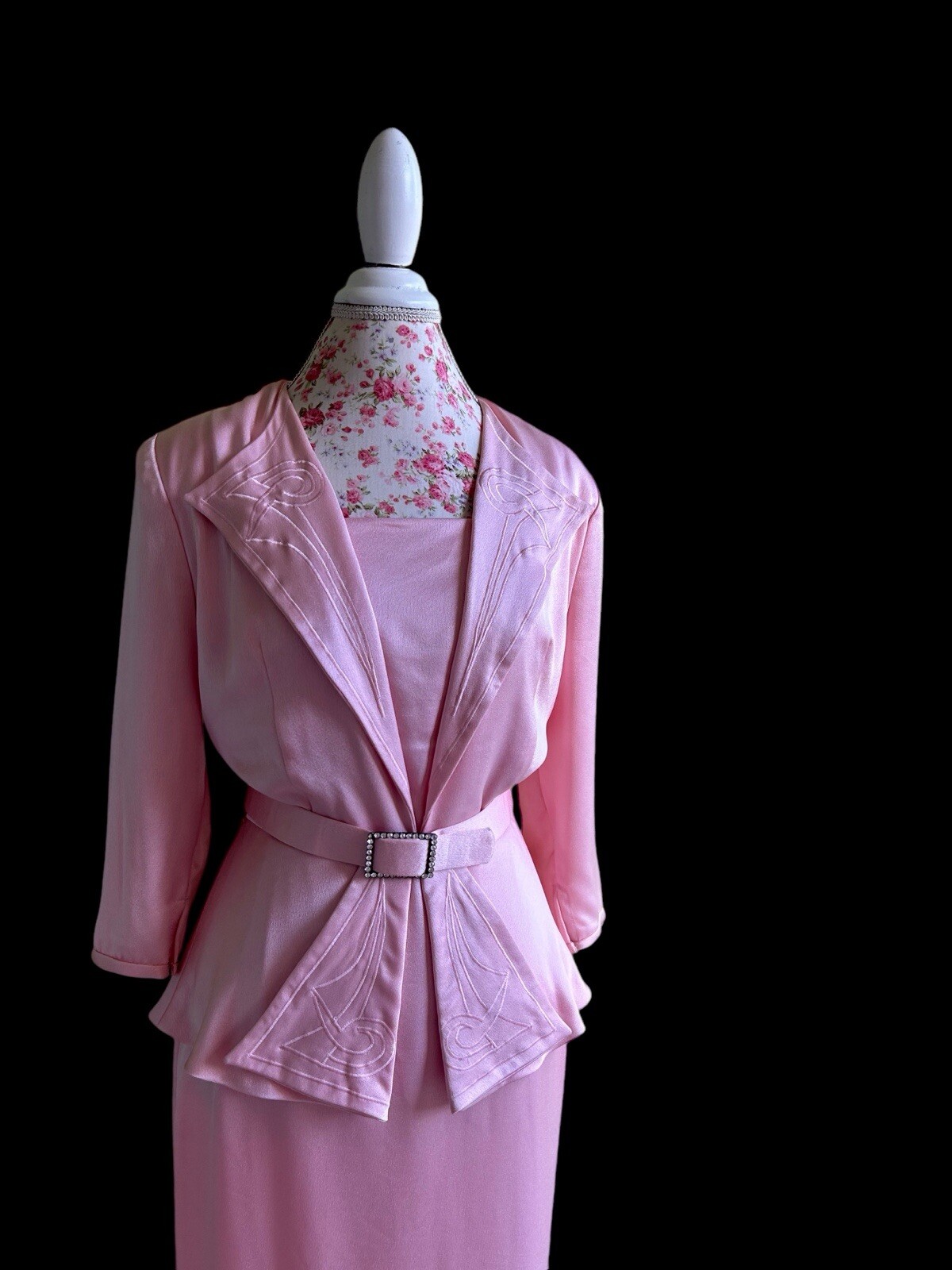 Vintage 1980’s Wiggle Dress Pink Satin Rhinestone Belt Holiday Avant Garde 40’s