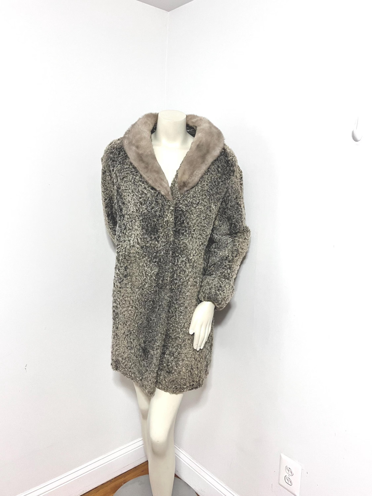 Vintage 50’s Silver Gray Curly Persian Lamb Fur Coat with Mink Collar
