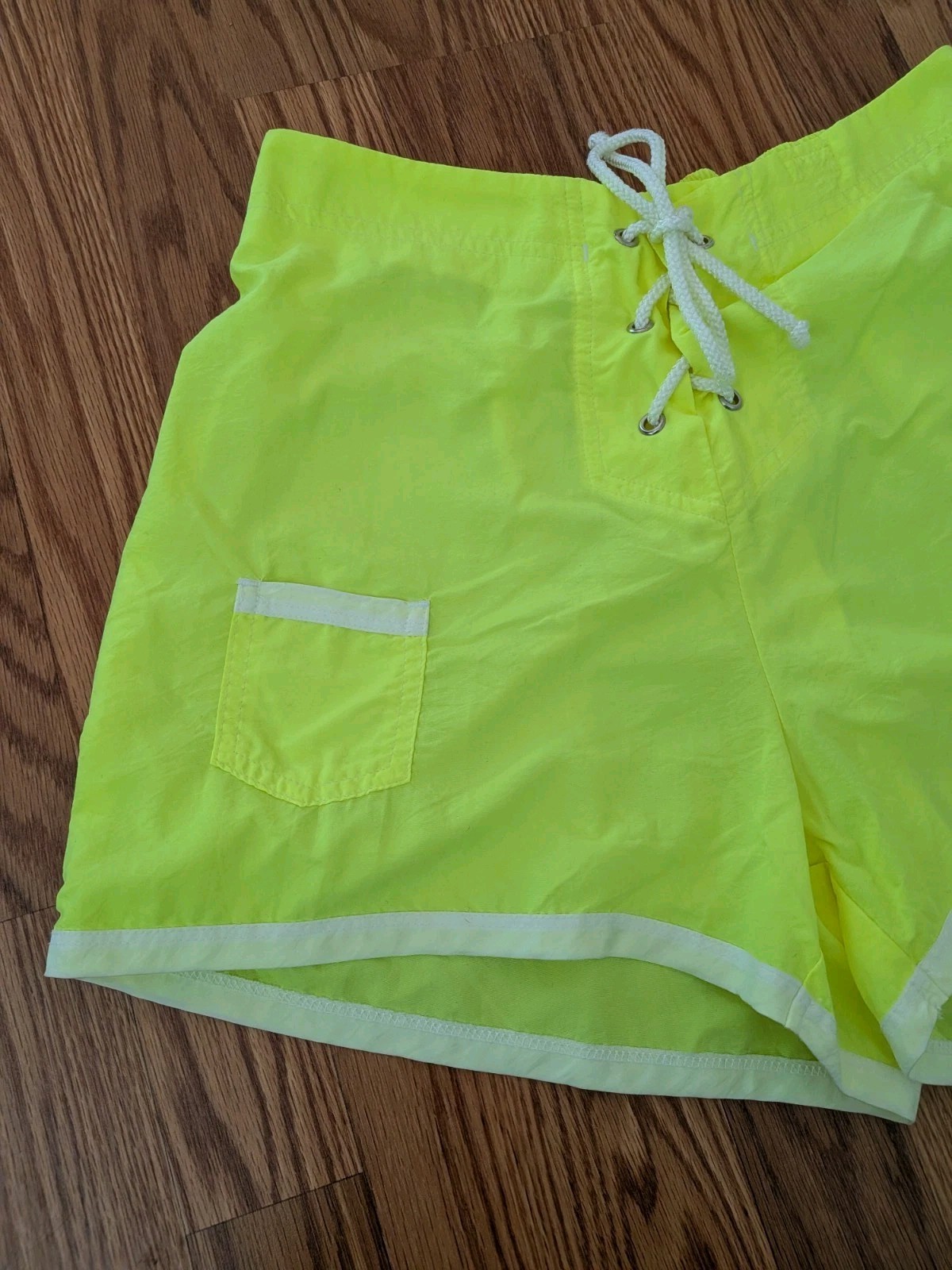 Vintage 90s Kathy Ireland Neon Yellow lace up front board shorts nylon M surf