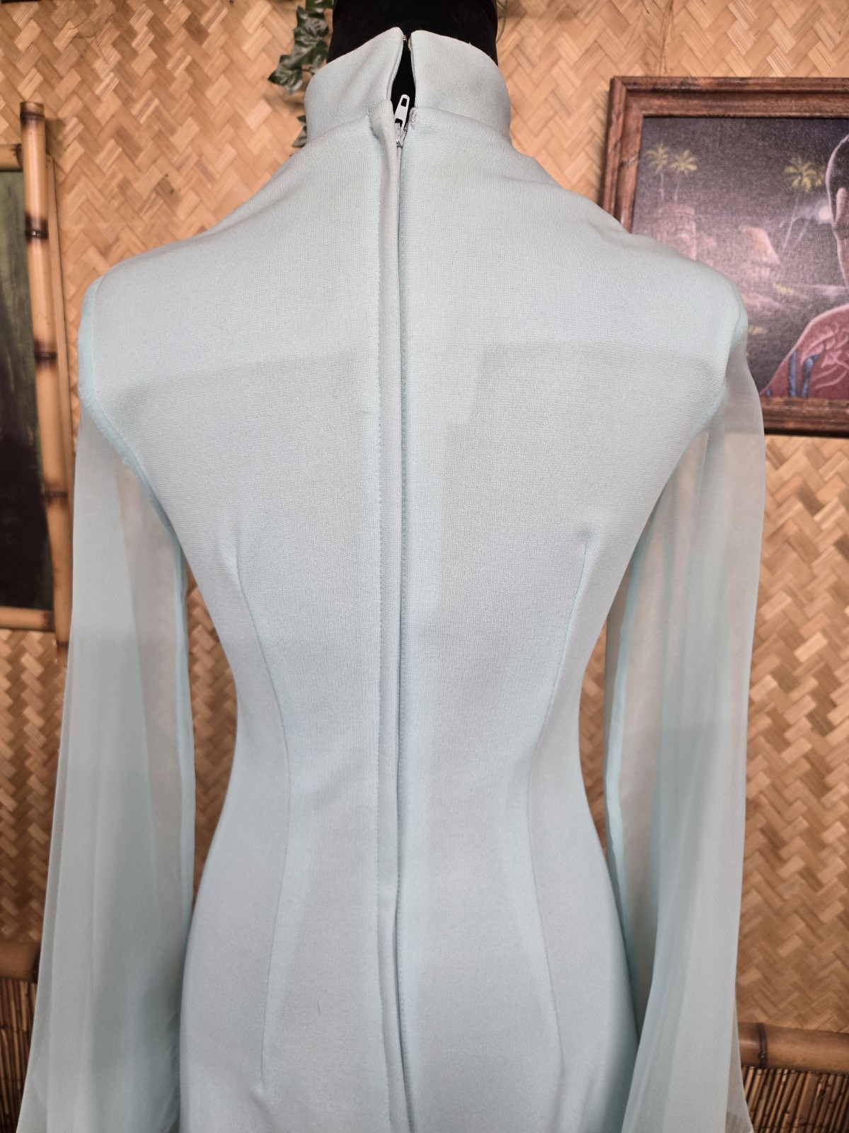 Vintage Shaheen Asian Inspired Hawaiian Aloha Dress In Rare Light Blue w1189