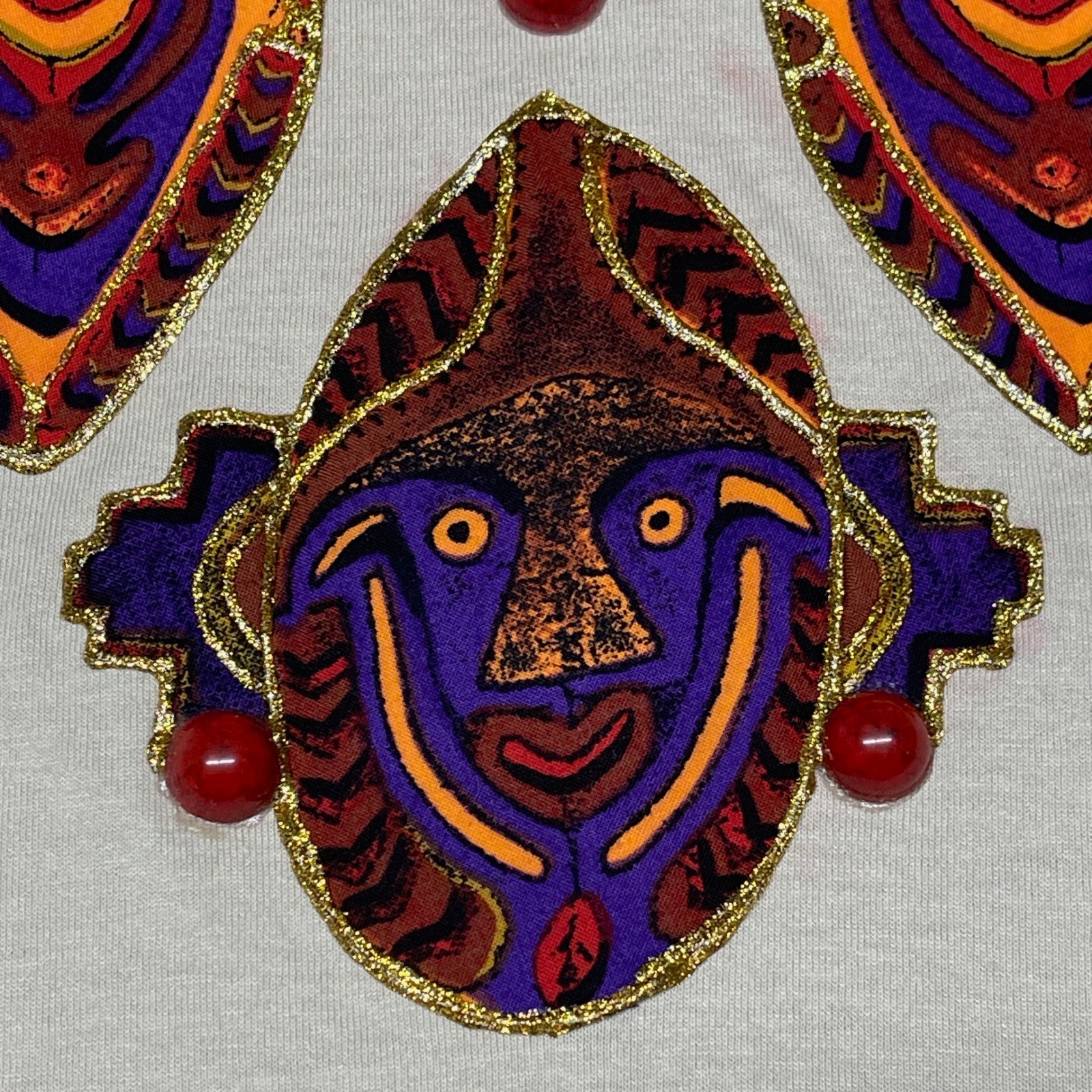 VTG FOTL T-Shirt Womens Tan Indigenous Tribal Mask Embellished XXL Made in USA