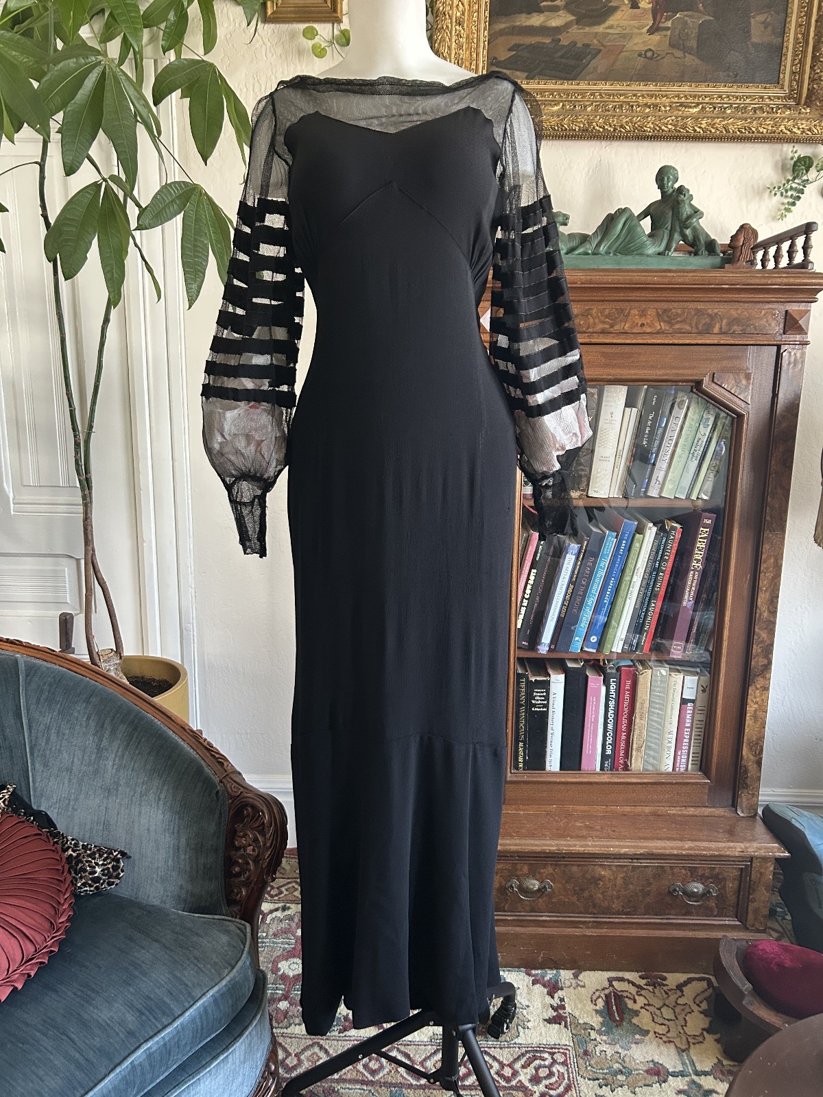 Vintage 1930s Black Mesh Net Gown Balloon Sleeves Bias Cut Art Deco Maxi Dress
